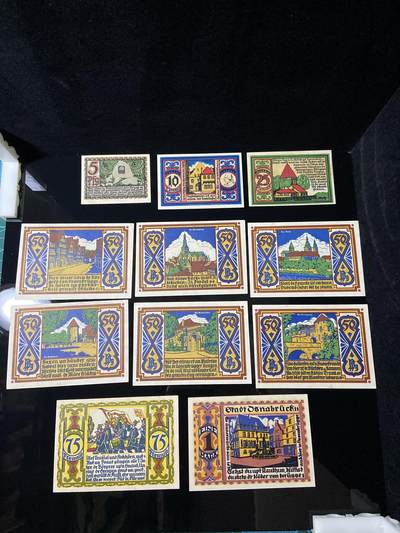 2026年第三十七场(总第二百零六场）德紧纸币特拍场(佣金3%，最低1元) - 德紧纸币–德国下萨克森州奥斯纳布吕克市（Stadt Osnabrück）5、10、25、50、75芬妮，1马克十一枚套票