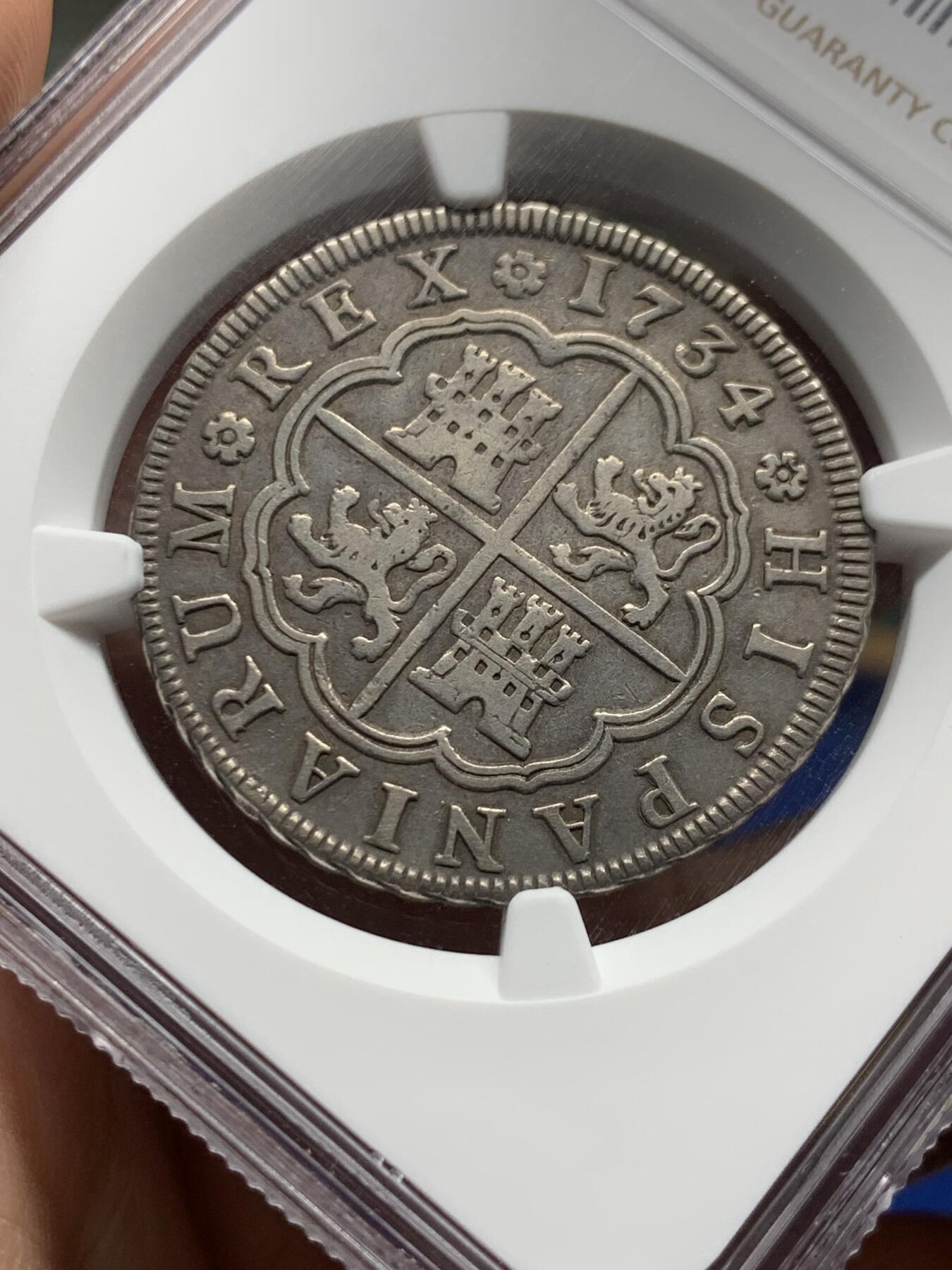 《竞宝斋》第473场 周日，周一 2场连拍 （全场包邮）欢迎送拍 冠军分 NGC XF45 西班牙 本土 1734年 菲利普五世 4R十字银币 深打好细节