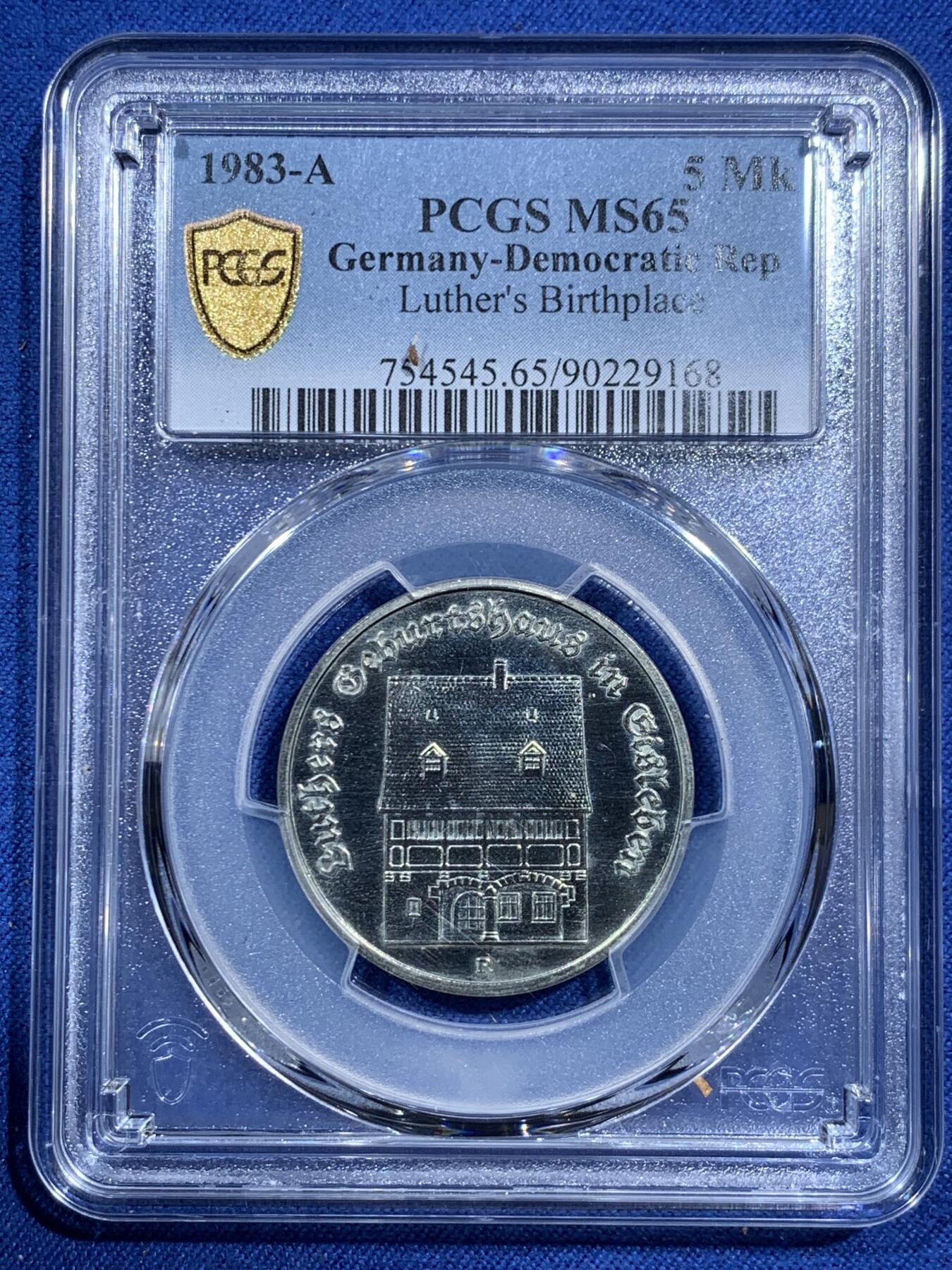 《竞宝斋》第473场 周日，周一 2场连拍 （全场包邮）欢迎送拍 PCGS MS65 东德1983年5马克纪念币 马丁·路德·艾斯勒本教授诞辰500周年纪念