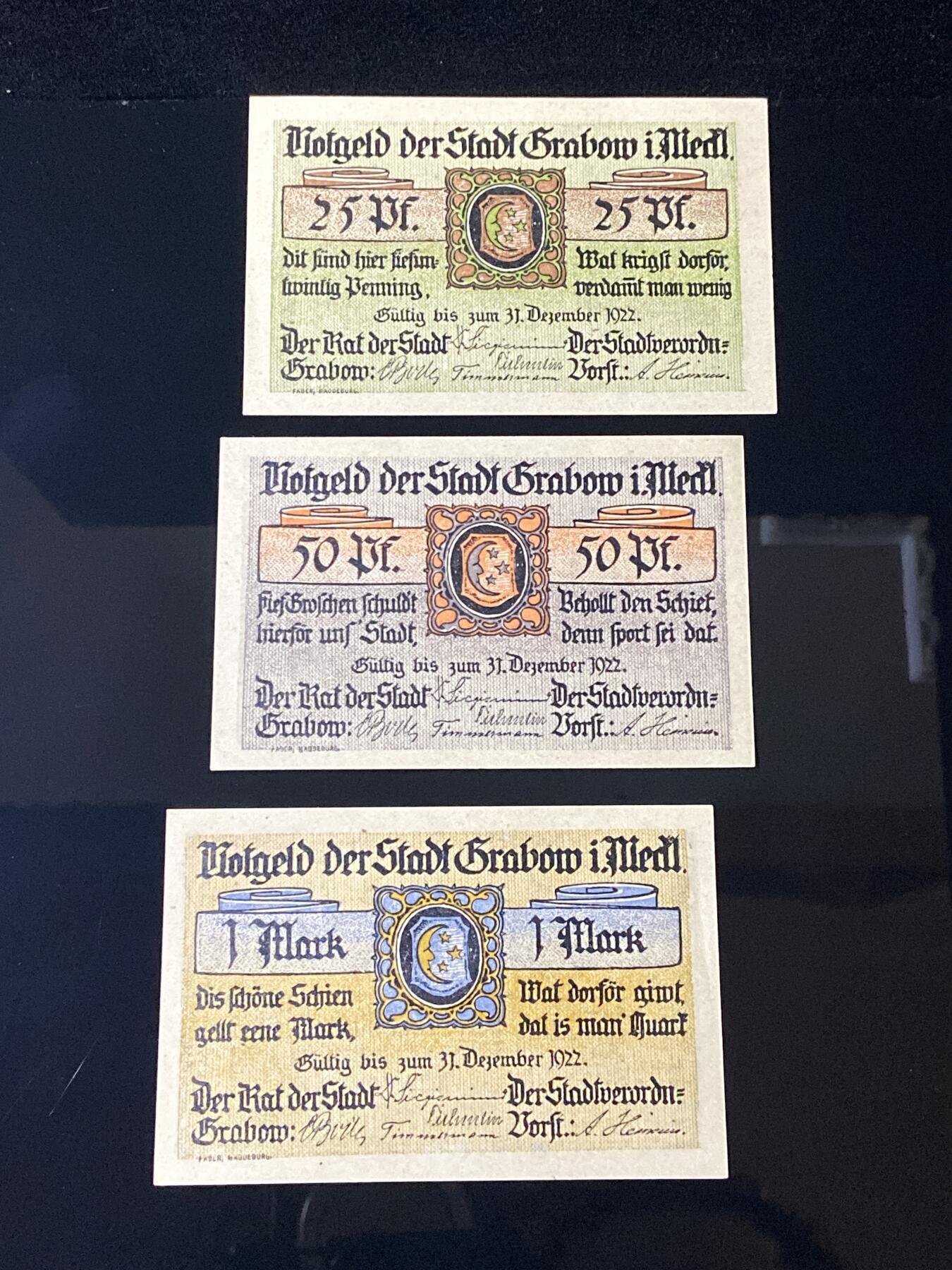 2026年第三十七场(总第二百零六场）德紧纸币特拍场(佣金3%，最低1元) 德紧纸币–德国梅克伦堡-前波美拉尼亚州格拉博市（Stadt Grabow i.Meckl.，标注  Grabow i.Meckl. ）25、50芬妮、1马克三枚套票