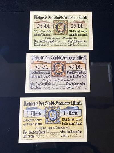 2026年第三十七场(总第二百零六场）德紧纸币特拍场(佣金3%，最低1元) - 德紧纸币–德国梅克伦堡-前波美拉尼亚州格拉博市（Stadt Grabow i.Meckl.，标注  Grabow i.Meckl. ）25、50芬妮、1马克三枚套票