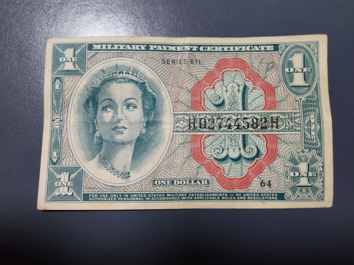 3月23号晚上8点 外国纸币自动截拍第44场 [美国军票MPC611系列】 1964年  1元  女神