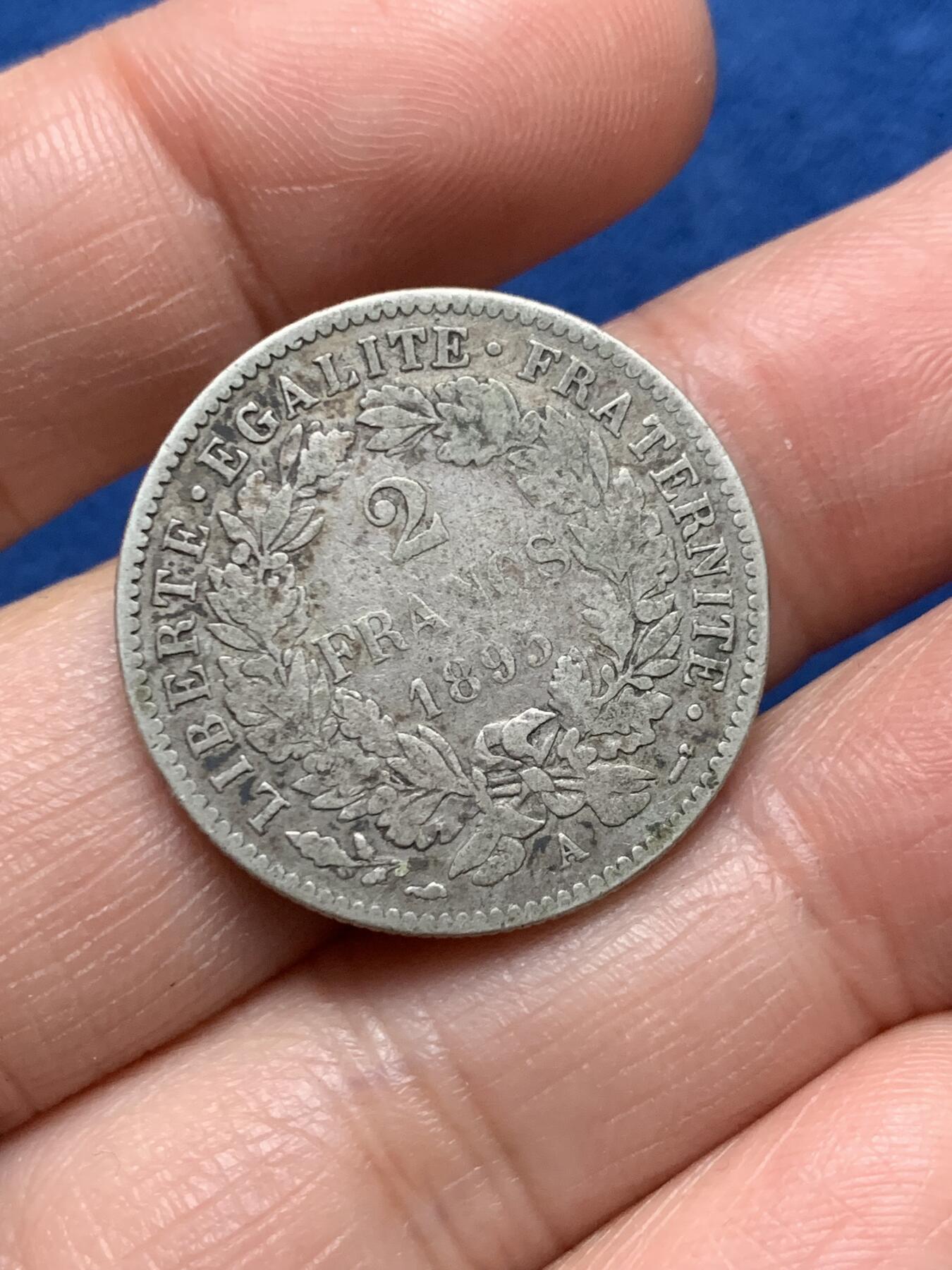 《竞宝斋》第473场 周日，周一 2场连拍 （全场包邮）欢迎送拍 两枚一组 法国谷物女神银币 1850A 5法郎 24.8克+1895年2法郎 9.75克