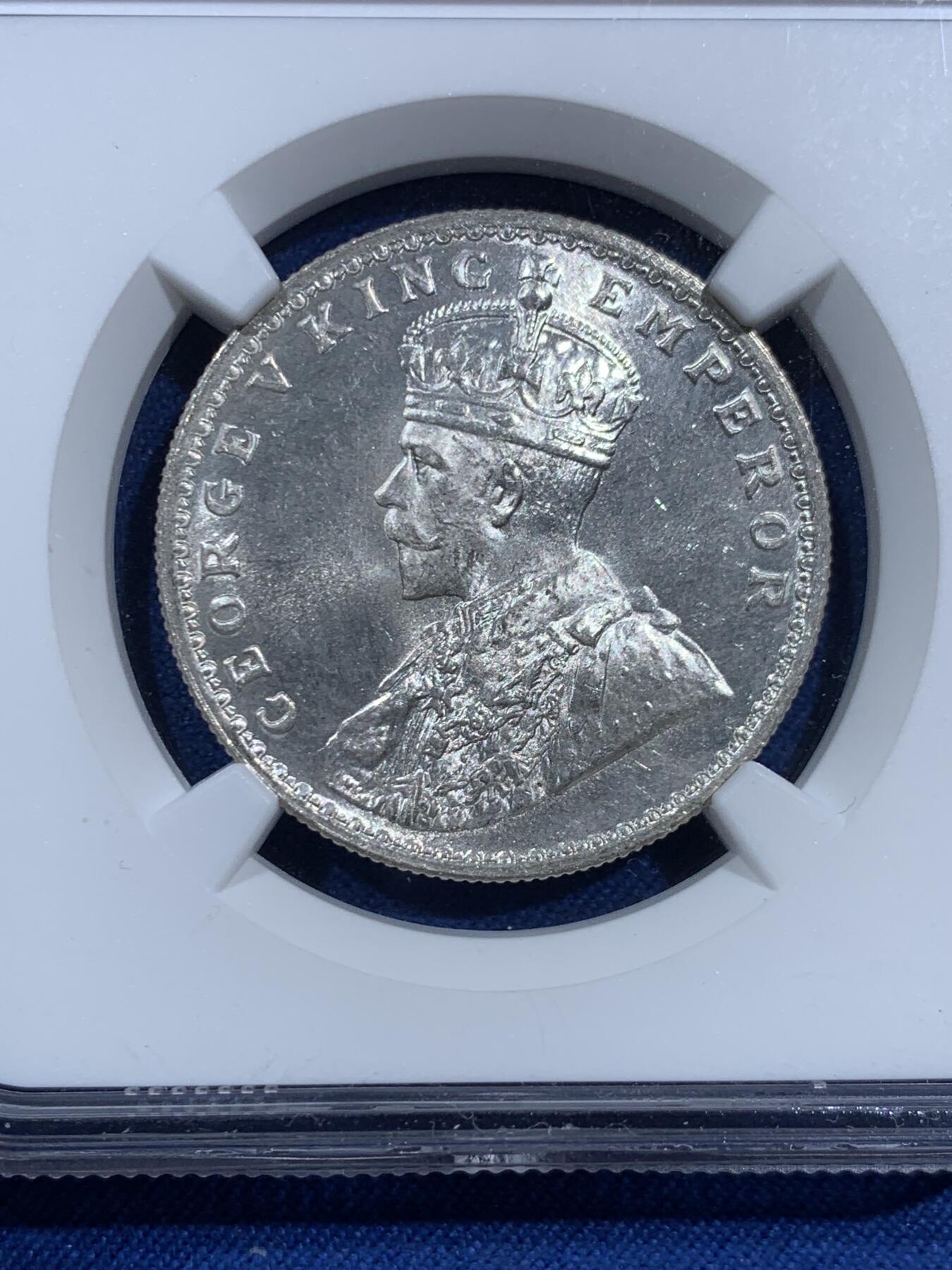 《竞宝斋》第473场 周日，周一 2场连拍 （全场包邮）欢迎送拍 NGC MS62 英属印度1918年乔治五世1卢比银币 转光强烈