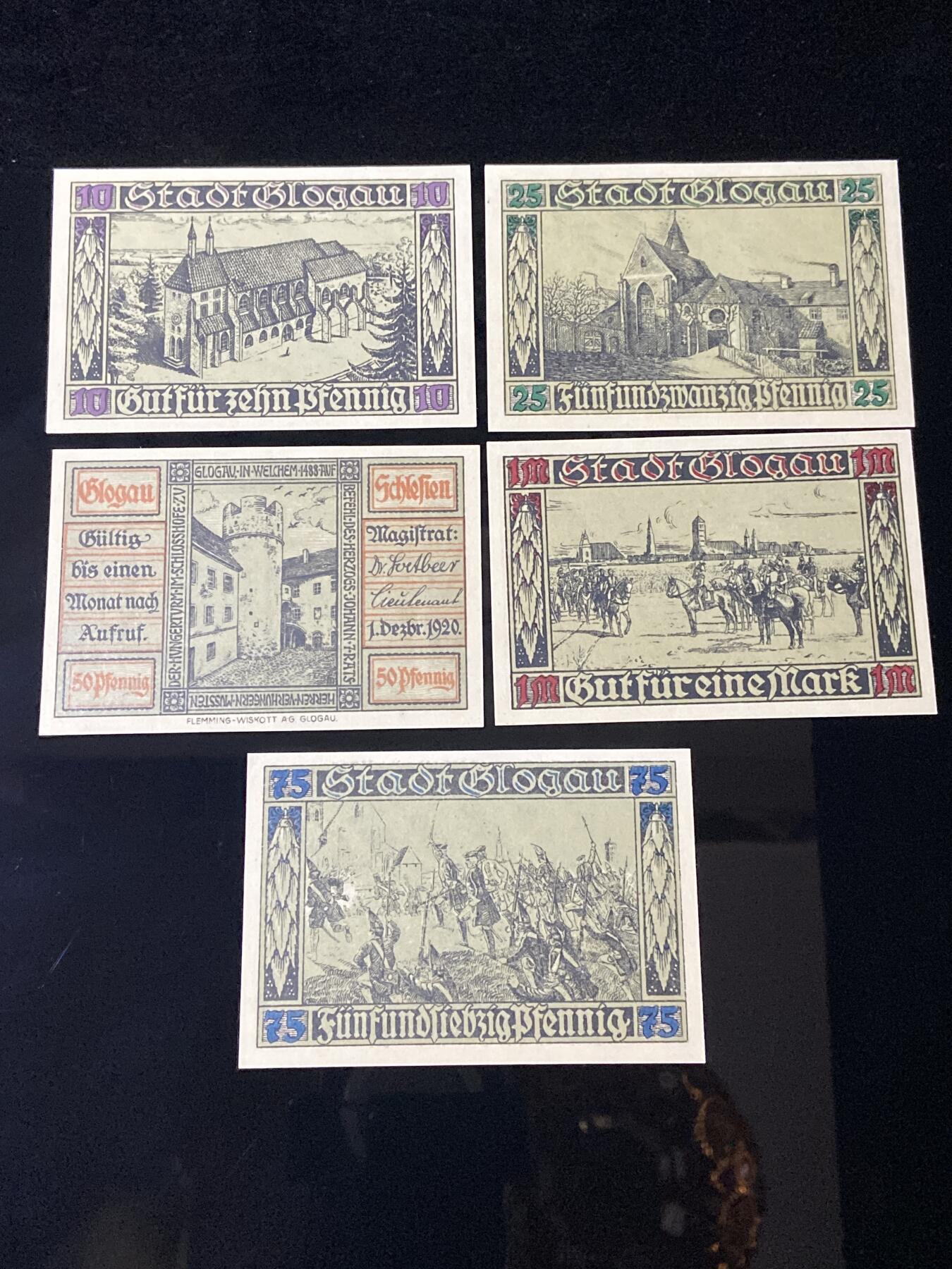 2026年第三十七场(总第二百零六场）德紧纸币特拍场(佣金3%，最低1元) 德紧纸币–德国西里西亚省格洛高市（Stadt Glogau），一战后该地区于1945年划归波兰，现名格武夫格瓦夫（Głogów）10、25、50、75、100芬妮五枚套票