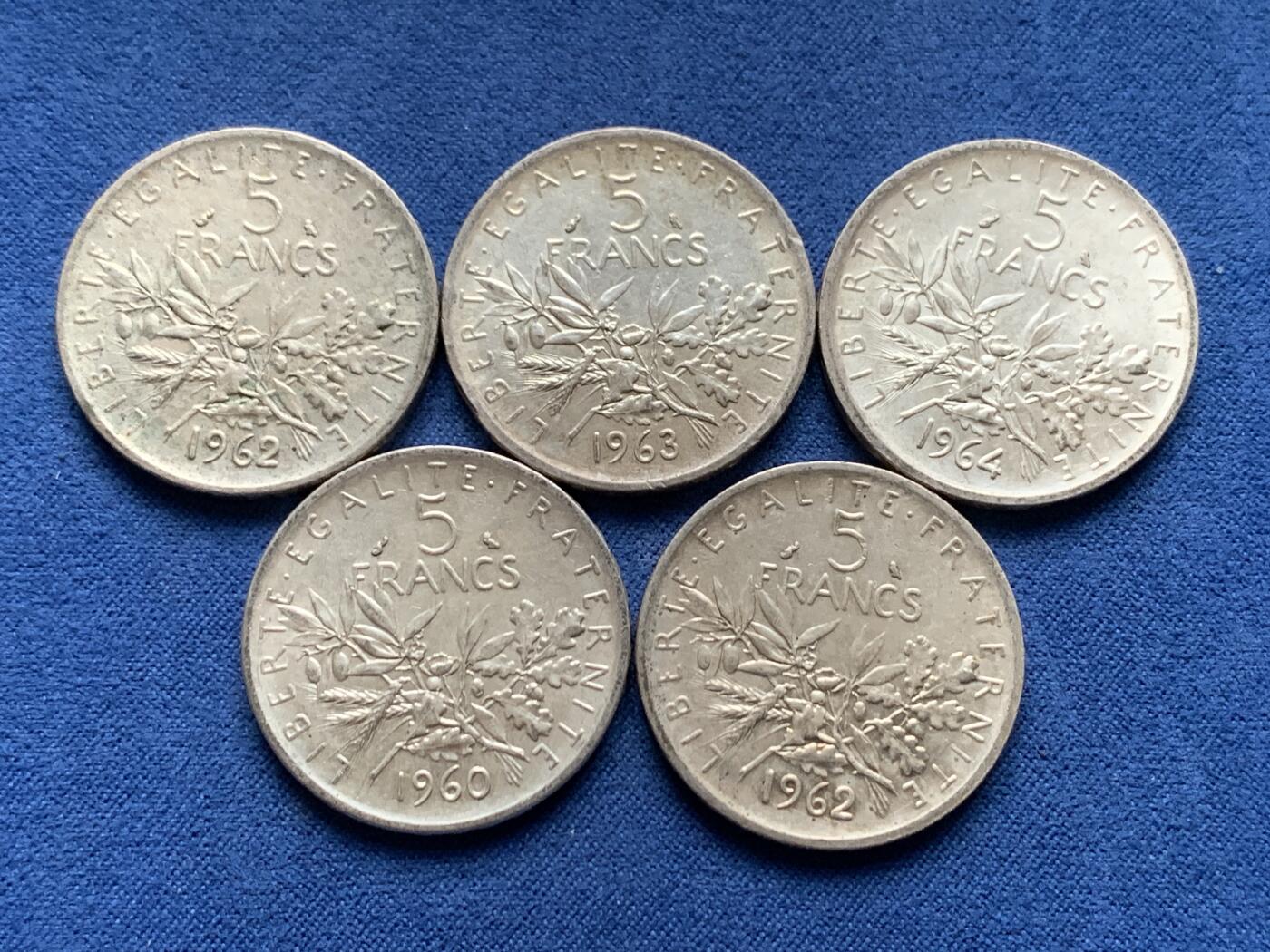 《竞宝斋》第473场 周日，周一 2场连拍 （全场包邮）欢迎送拍 五枚一组 法国播种女神5法郎银币 总重约60克