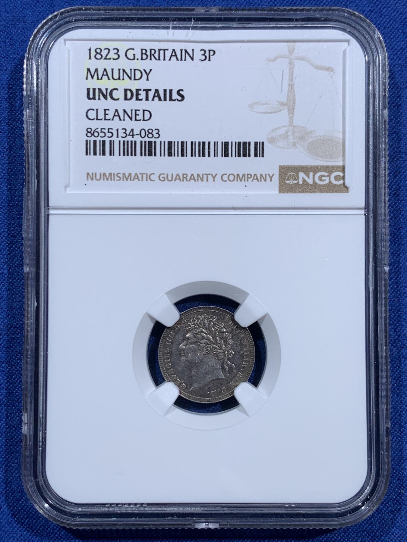 《竞宝斋》第473场 周日，周一 2场连拍 （全场包邮）欢迎送拍 四枚一组 NGC UNCD-MS62 英国1823年乔治四世濯足币 1-4便士银币