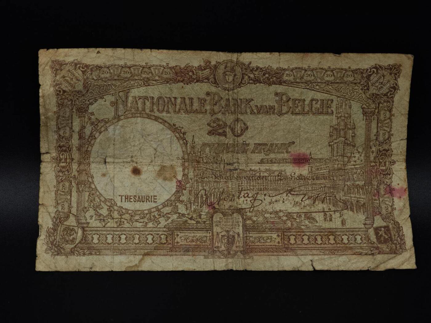  【淘币小摊】限时拍第八百八十四拍   纸币场    每周一统一发货 比利时1919年20法郎纸币【有折】