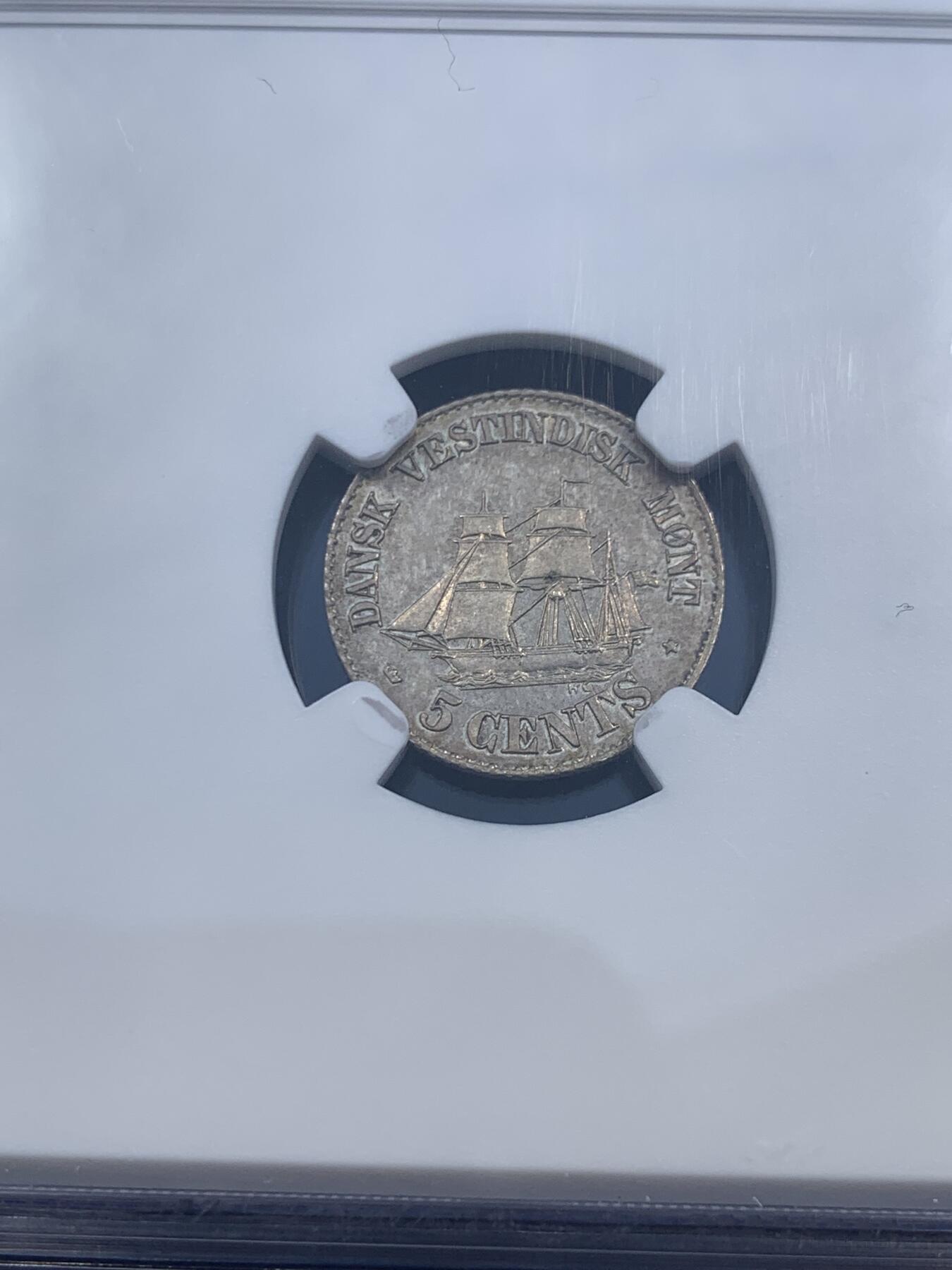 《竞宝斋》第473场 周日，周一 2场连拍 （全场包邮）欢迎送拍 NGC PL63 丹属西印度群岛 1859年  腓特烈七世 5分银币 目录标注发行量仅10枚 PL版本