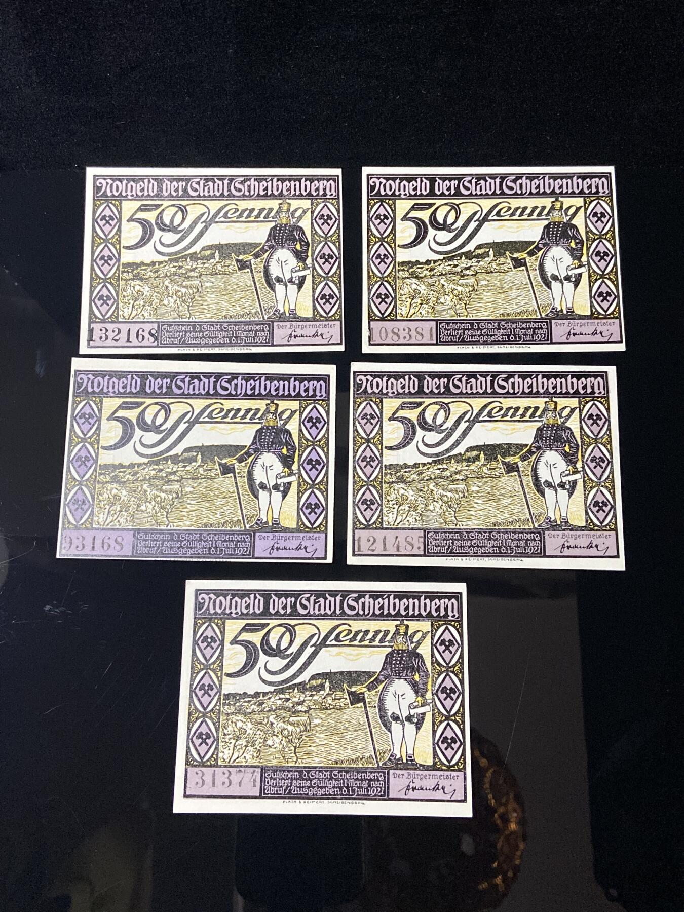 2026年第三十七场(总第二百零六场）德紧纸币特拍场(佣金3%，最低1元) 德紧纸币–德国萨克森州沙伊贝伦贝格市（Stadt Scheibenberg）50芬妮五枚套票