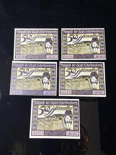 2026年第三十七场(总第二百零六场）德紧纸币特拍场(佣金3%，最低1元) - 德紧纸币–德国萨克森州沙伊贝伦贝格市（Stadt Scheibenberg）50芬妮五枚套票