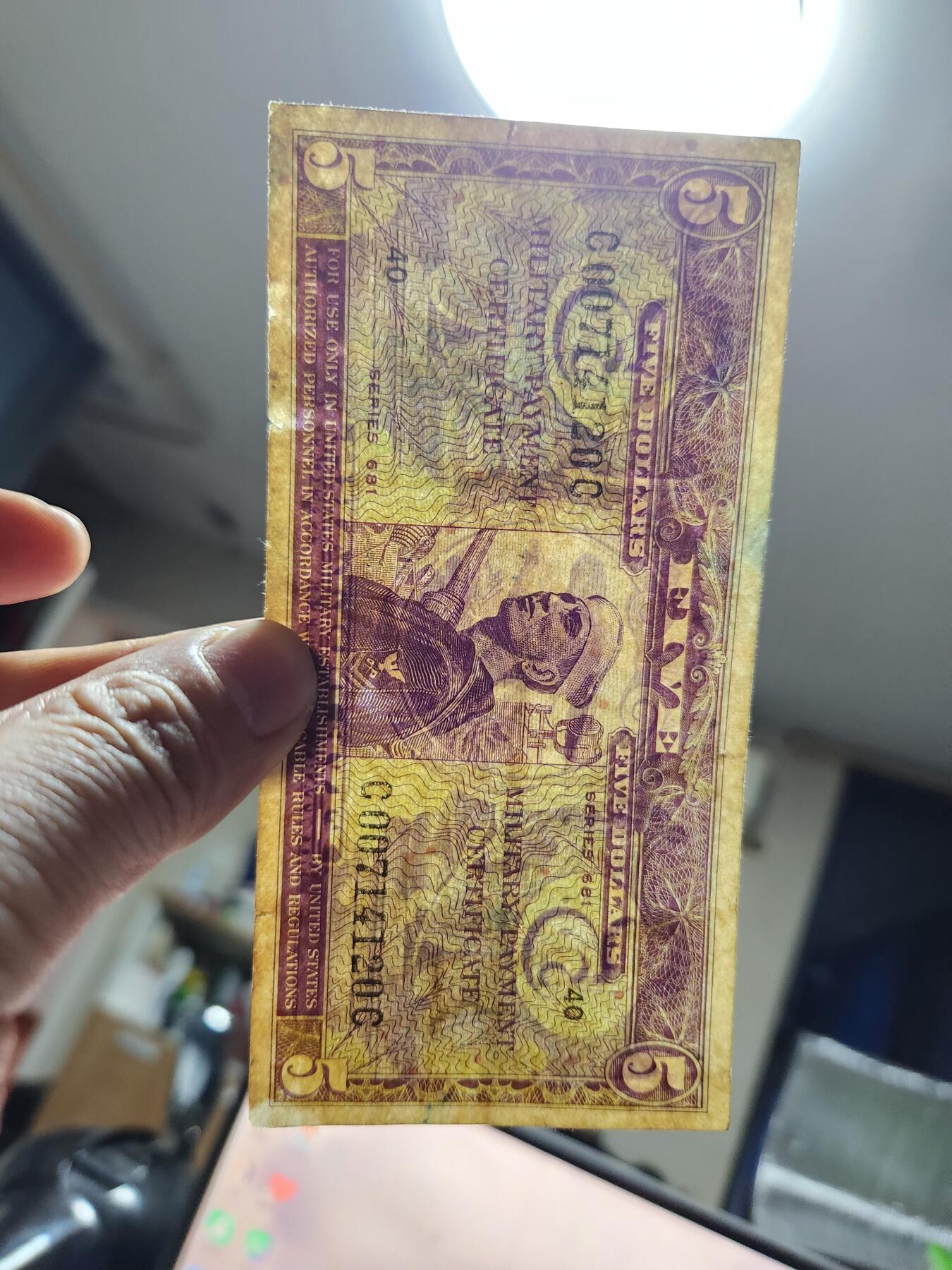 3月23号晚上8点 外国纸币自动截拍第44场 美国军票MPC681系列 1969年5元 美品