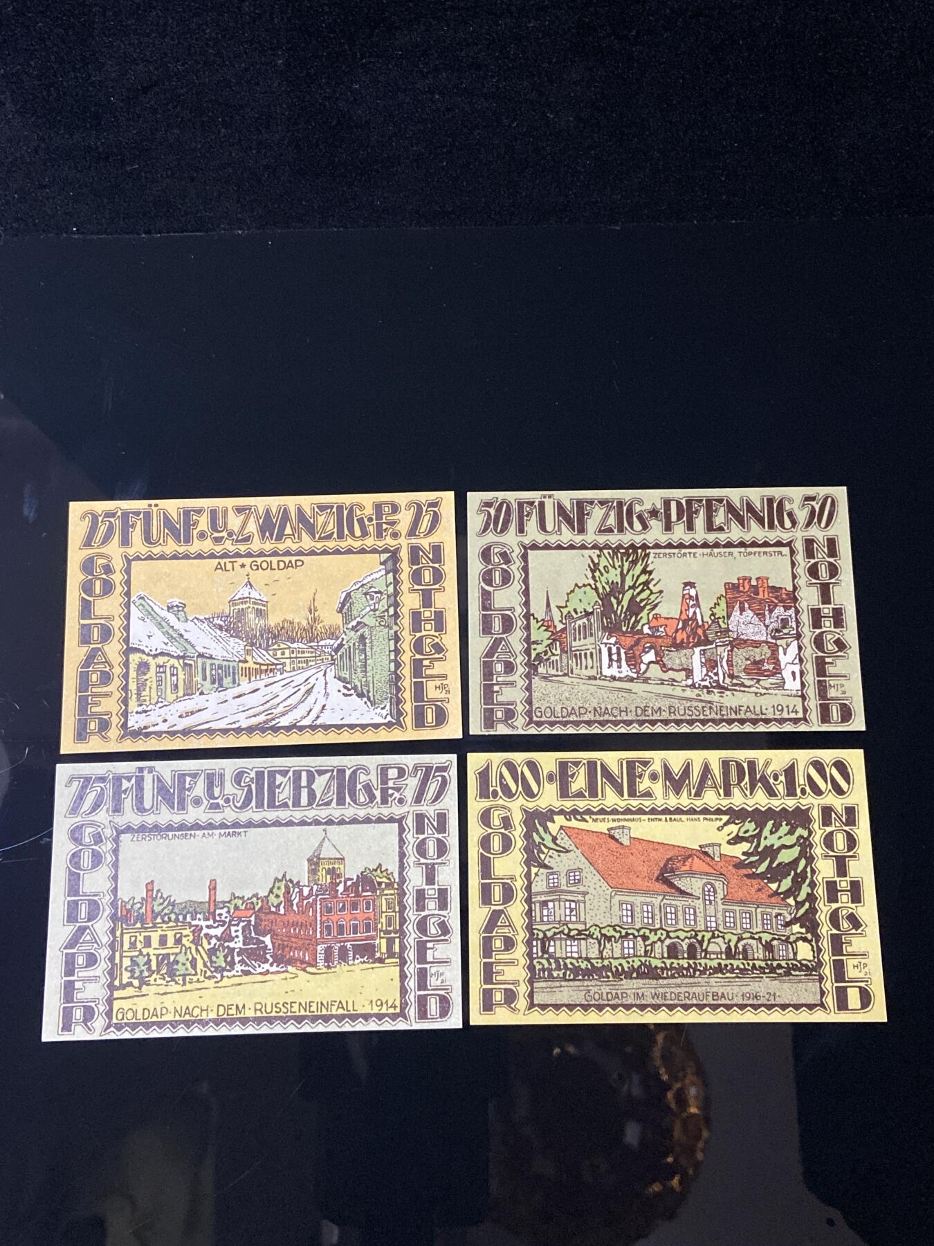 2026年第三十七场(总第二百零六场）德紧纸币特拍场(佣金3%，最低1元) 德紧纸币–德国东普鲁士戈尔达普市（Goldap，现波兰韦戈热沃Gołdap）25、50、75、100芬妮四枚套票