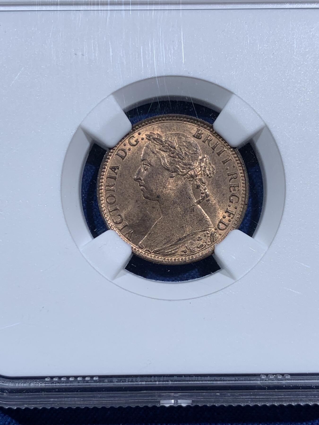 《竞宝斋》第473场 周日，周一 2场连拍 （全场包邮）欢迎送拍 NGC MS64RB 英国1891年 维多利亚1法新(1/4便士)铜币 铜光犹在 少见高分 同品类NGC更高评分仅3枚