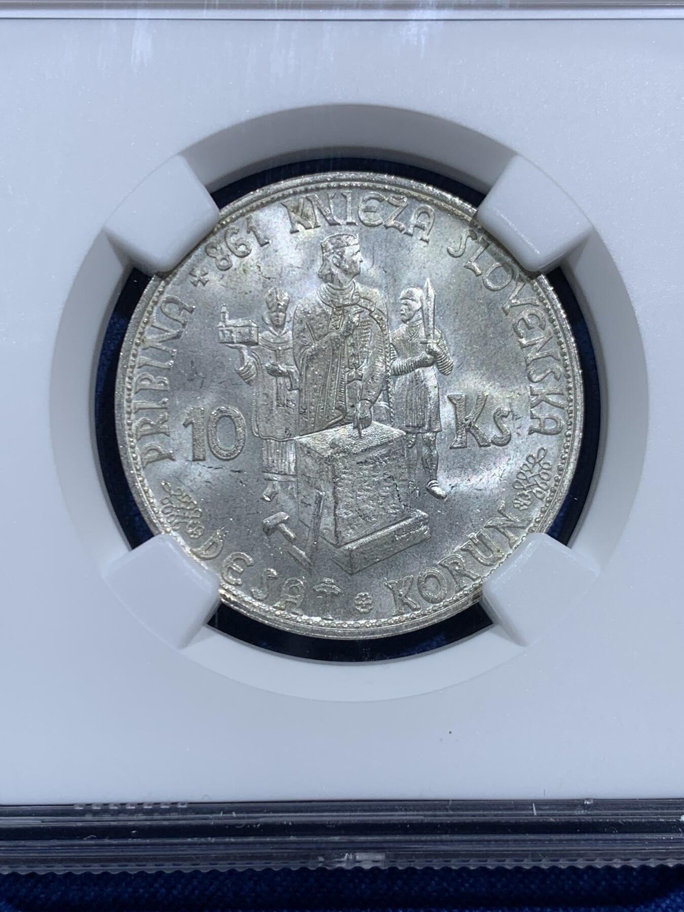 《竞宝斋》第473场 周日，周一 2场连拍 （全场包邮）欢迎送拍 NGC MS63 斯洛伐克1944年10克朗银币，极美原光好品。