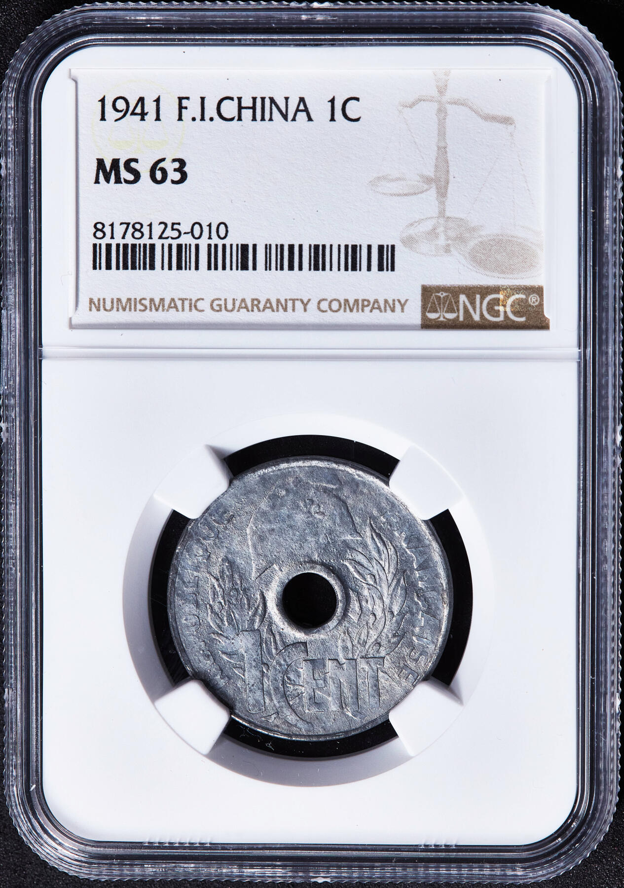 【俄甄集藏】2026年(050)04-01星期三 晚 19:30 全场包邮 法属印度支那1941年帽圈版中孔1分锌币，NGC MS63，原光品相，MS状态难得