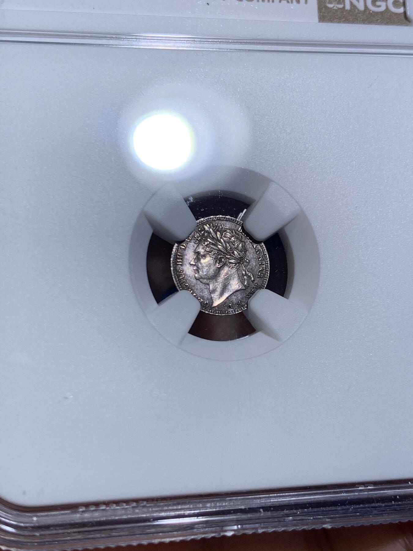 《竞宝斋》第473场 周日，周一 2场连拍 （全场包邮）欢迎送拍 四枚一组 NGC UNCD-MS62 英国1823年乔治四世濯足币 1-4便士银币