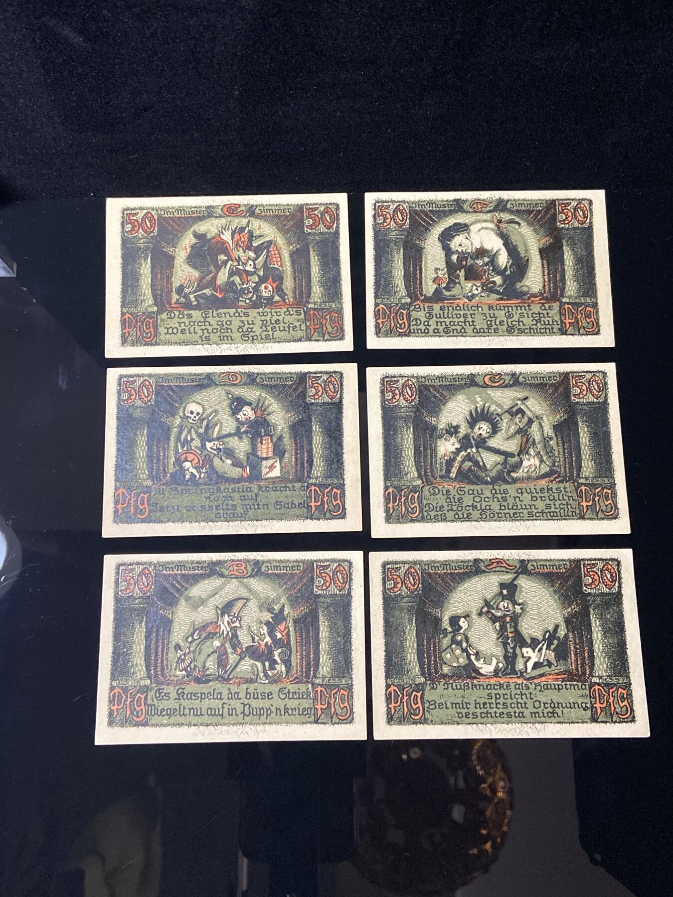 2026年第三十七场(总第二百零六场）德紧纸币特拍场(佣金3%，最低1元) 德紧纸币–德国图林根州戈内贝格镇（Gonneberg in Thüringen，缩写Thür.）50芬妮六枚套票