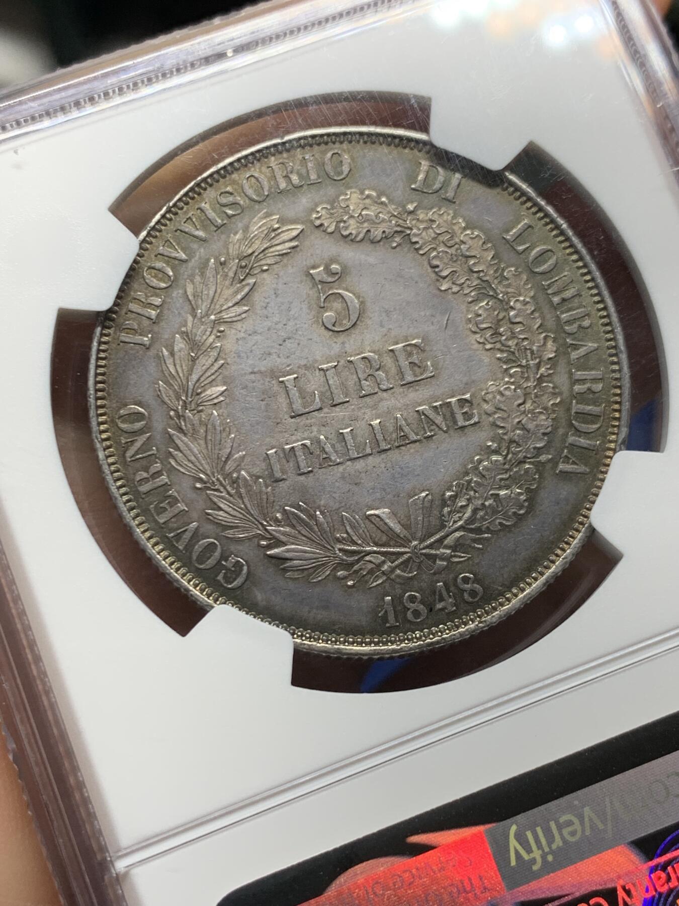 《竞宝斋》第473场 周日，周一 2场连拍 （全场包邮）欢迎送拍 NGC MS61 意大利伦巴第威尼斯革命临时政府1848年5里拉大银币，超级漂亮的深彩包浆，出分非常不易，该品种足够自藏的分数。