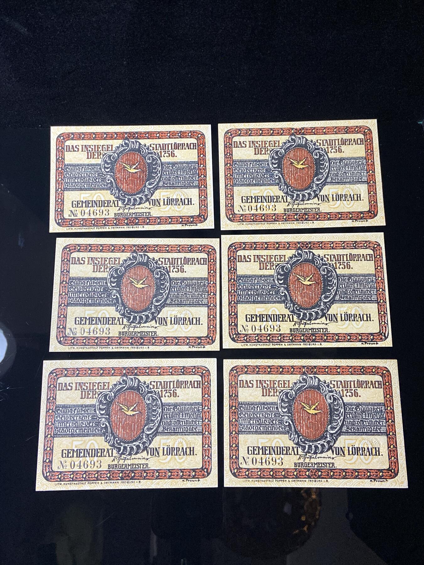 2026年第三十七场(总第二百零六场）德紧纸币特拍场(佣金3%，最低1元) 德紧纸币- 德国巴登-符腾堡州勒拉赫镇（Stadt Lörrach）50芬妮六枚套票