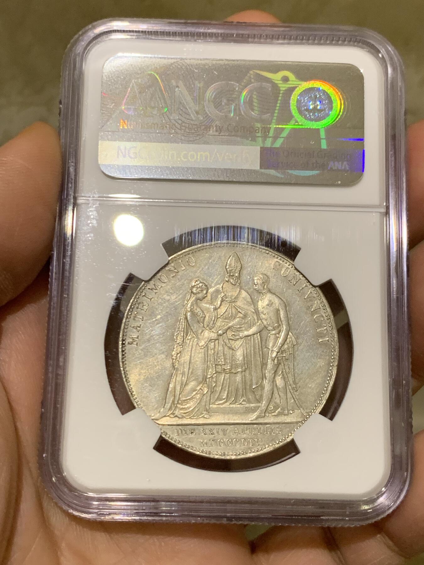 《竞宝斋》第473场 周日，周一 2场连拍 （全场包邮）欢迎送拍 NGC-MS62 奥匈帝国 奥地利 1854年 茜茜公主大婚 2盾大银币 25.9克大银币