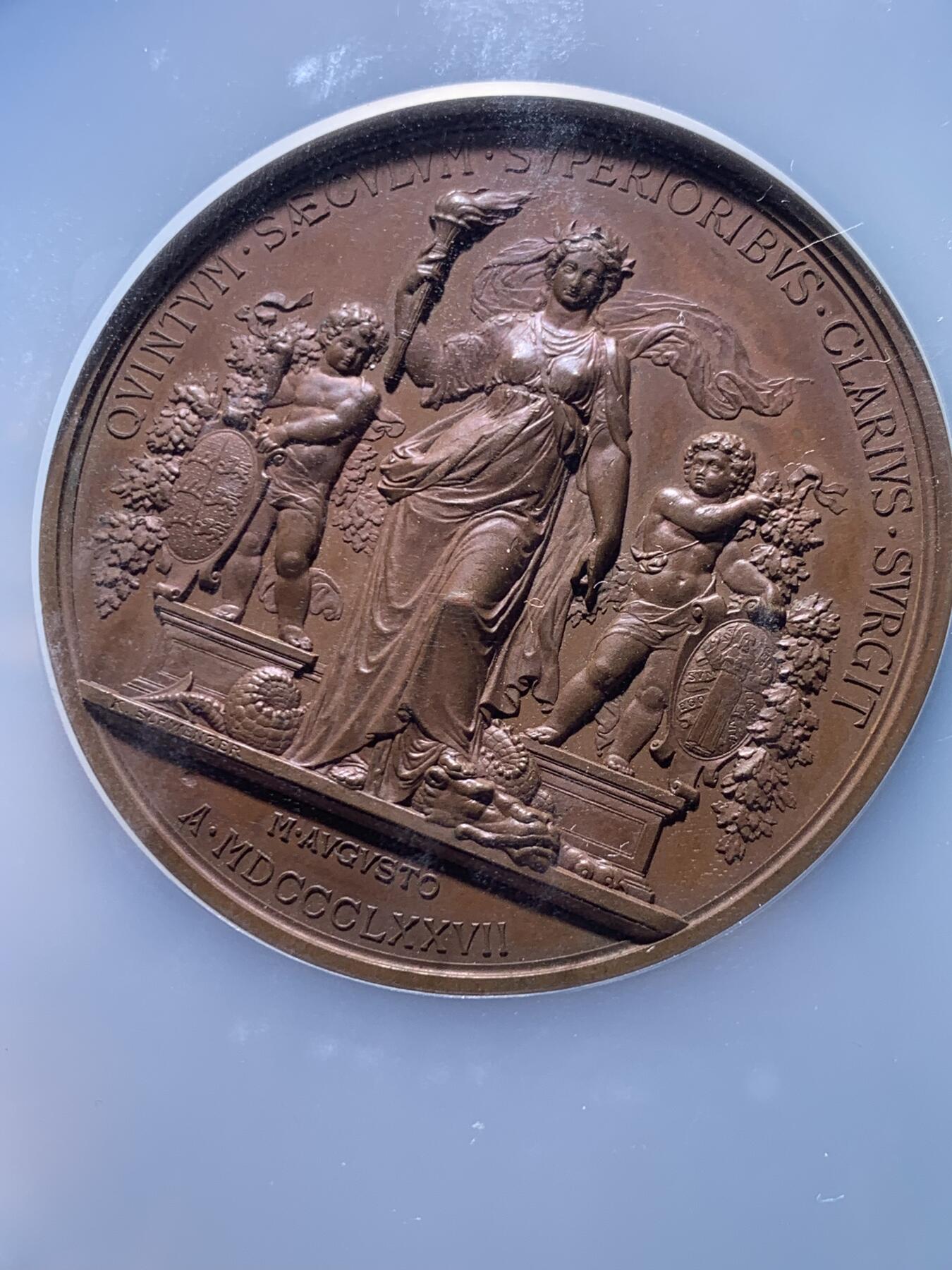 《竞宝斋》第473场 周日，周一 2场连拍 （全场包邮）欢迎送拍 NGC MS63BN 德国1877符腾堡公国蒂宾根大学建校400周年铜章 巧克力色图案饱满 52mm大规格 加大加厚盒装