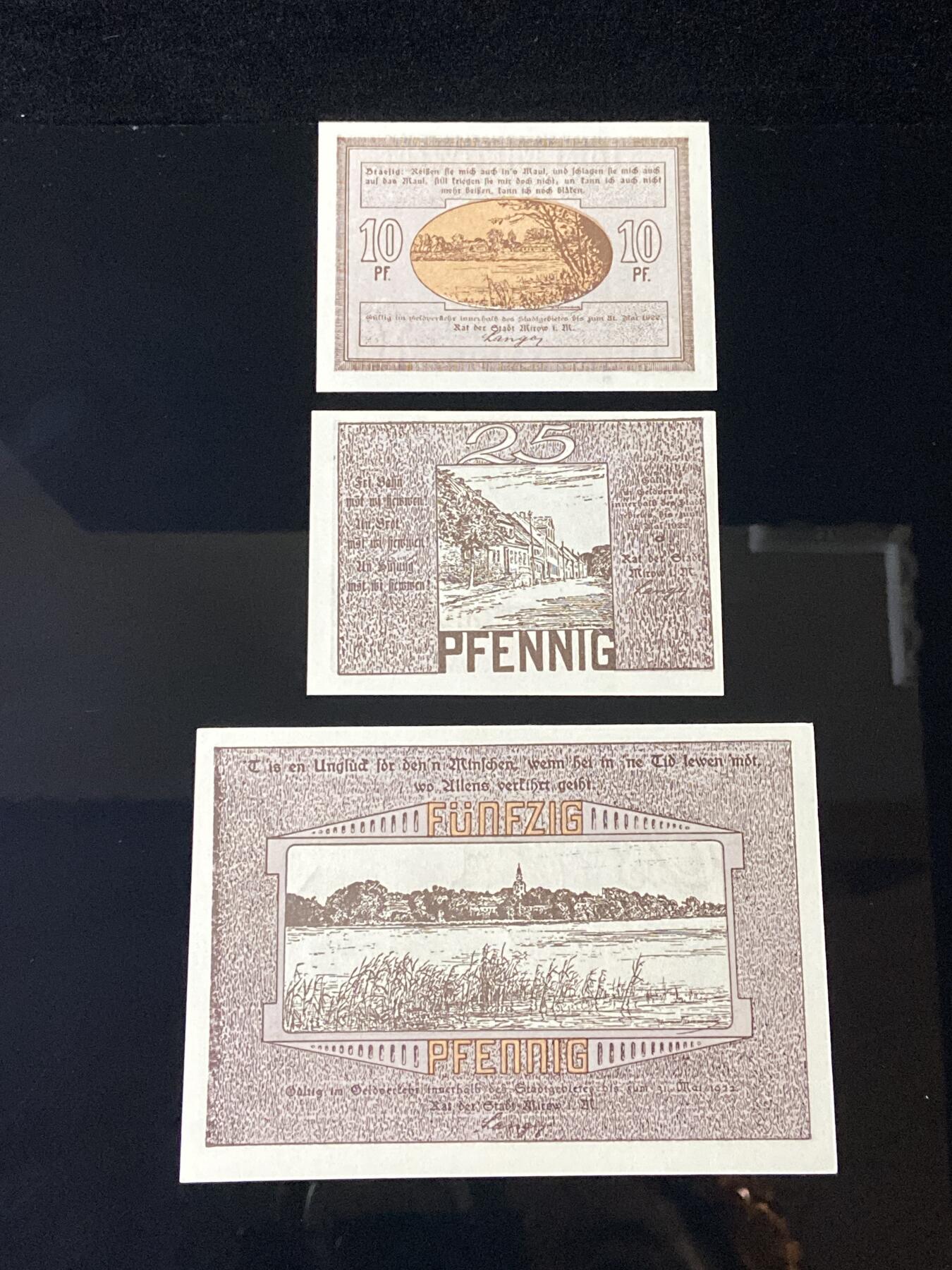 2026年第三十七场(总第二百零六场）德紧纸币特拍场(佣金3%，最低1元) 德紧纸币–德国梅克伦堡-前波美拉尼亚州米罗市（Stadt Mirow i.M.，标注  Mirow i. Mecklenburg ， i.M.  为 in Mecklenburg 缩写）10、25、50芬妮三枚套票