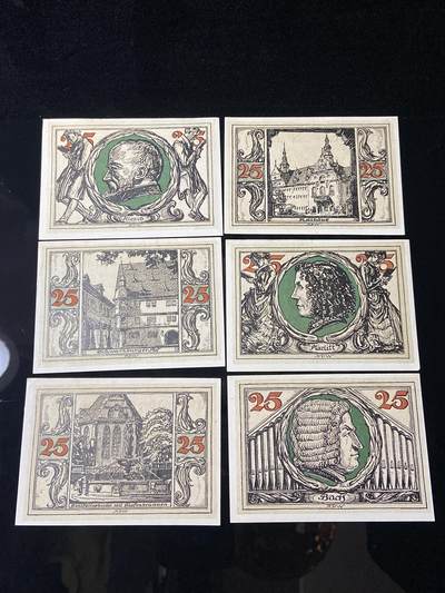2026年第三十七场(总第二百零六场）德紧纸币特拍场(佣金3%，最低1元) - 德紧纸币–德国图林根州乌尔姆施塔特市（Stadt Arnstadt），纸币标注 Notgeld der Stadt Arnstadt，25芬妮六枚套票