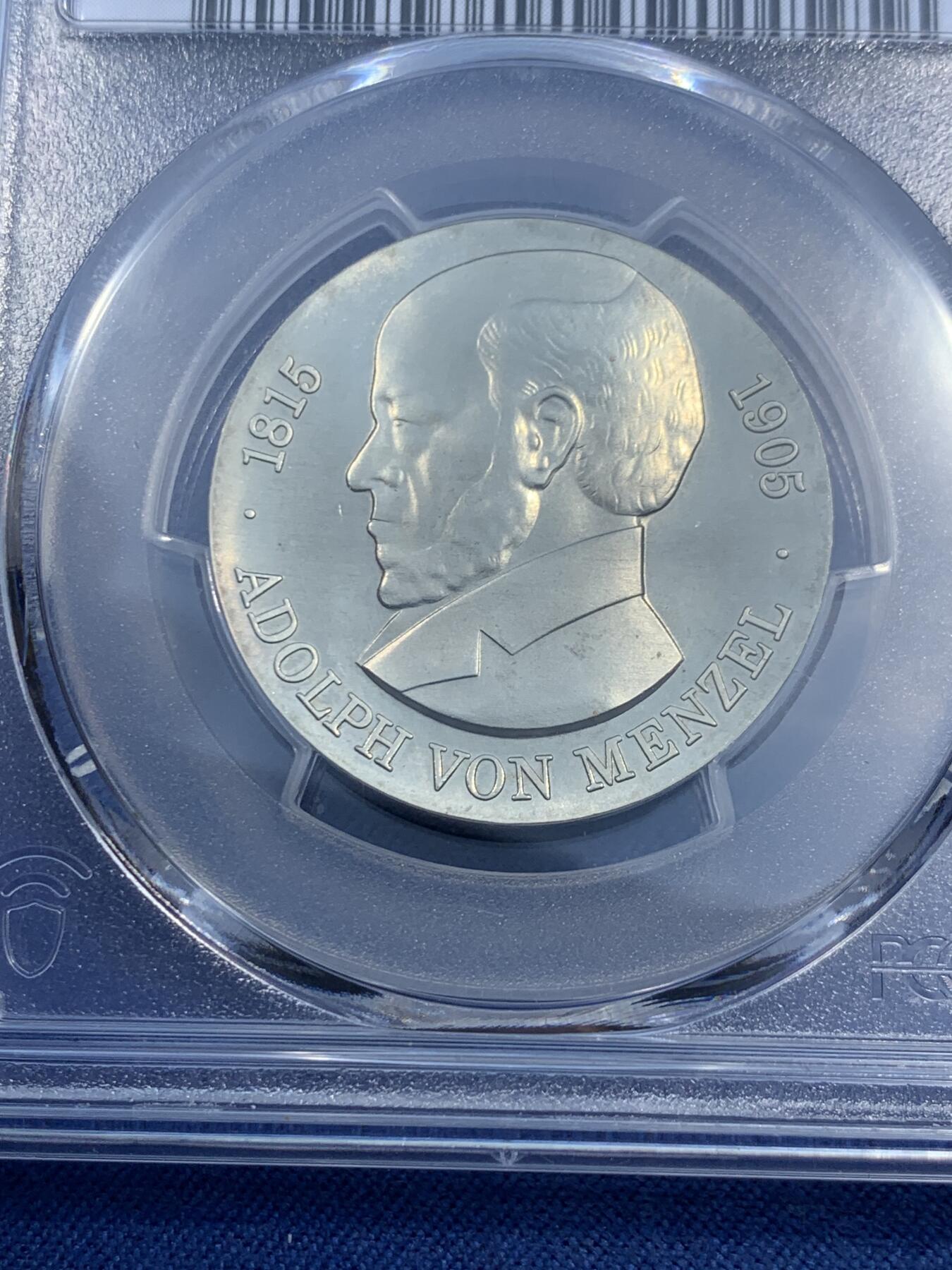 《竞宝斋》第473场 周日，周一 2场连拍 （全场包邮）欢迎送拍 PCGS MS64 东德1980年5马克纪念币 画家阿道夫·冯·门泽尔逝世75周年纪念