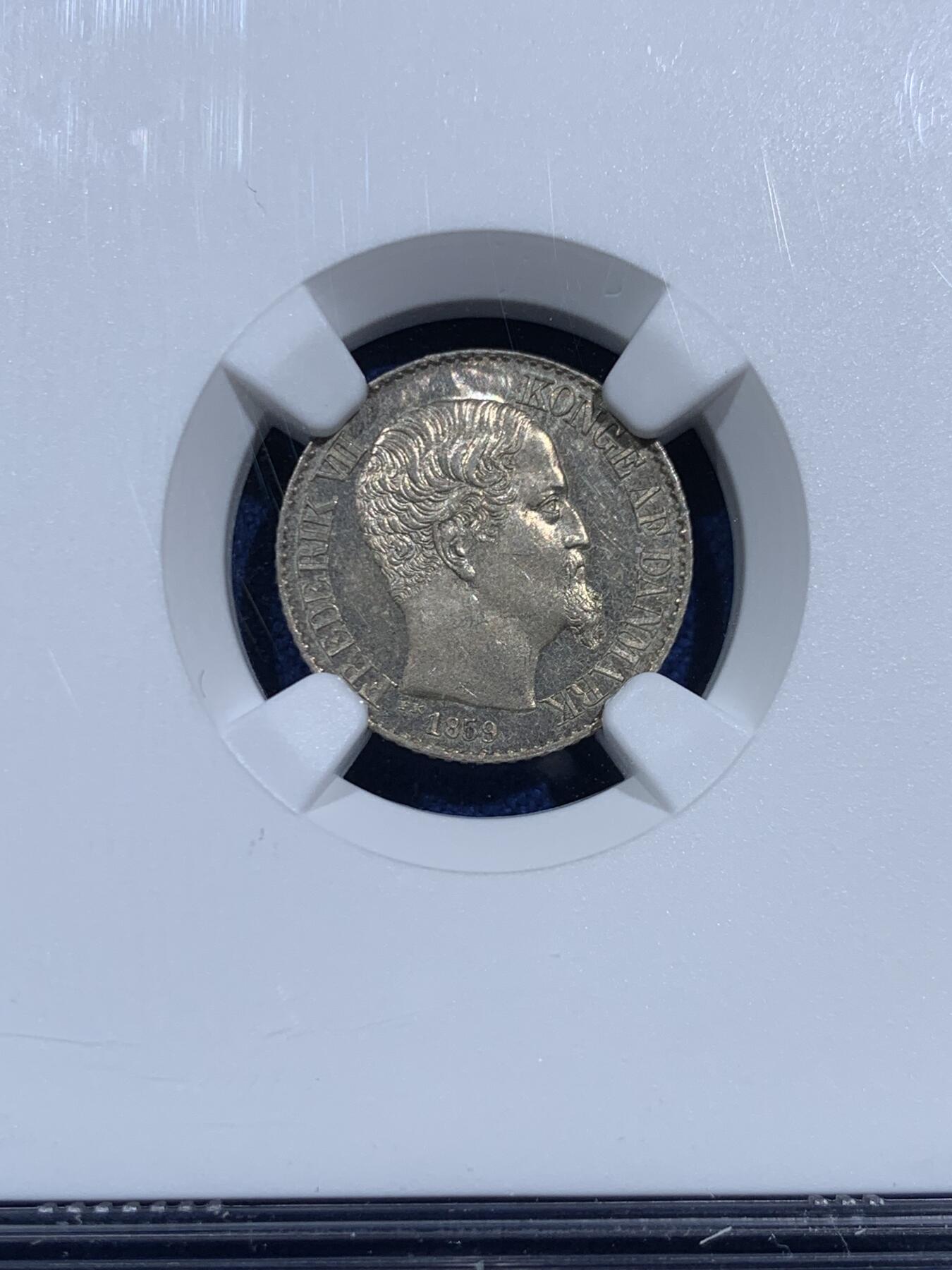 《竞宝斋》第473场 周日，周一 2场连拍 （全场包邮）欢迎送拍 NGC PL63 丹属西印度群岛 1859年  腓特烈七世 5分银币 目录标注发行量仅10枚 PL版本