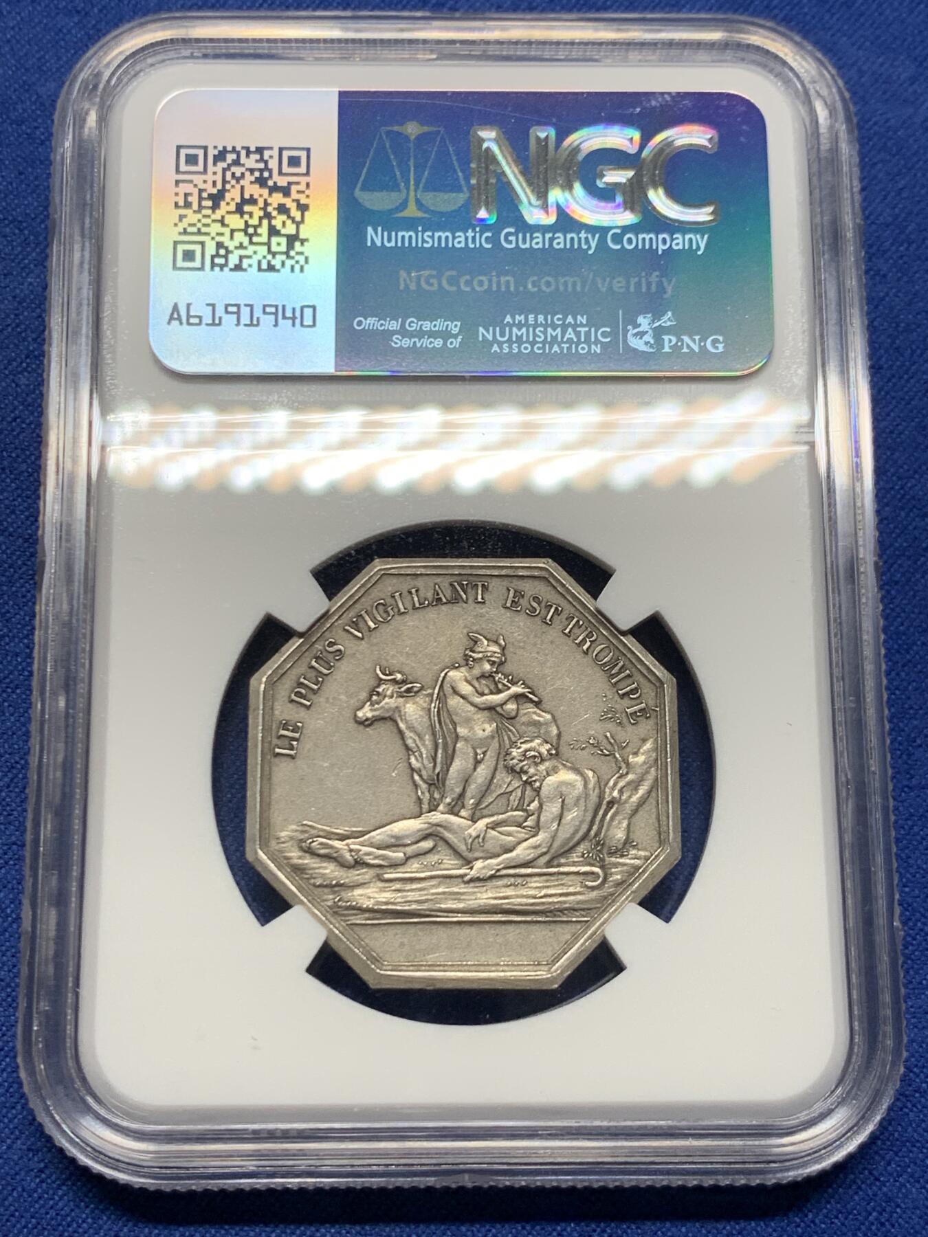 《竞宝斋》第473场 周日，周一 2场连拍 （全场包邮）欢迎送拍 NGC MS63 热门品种 双面神八角银章，丰饶角边铭，“再警惕的人也会受骗”