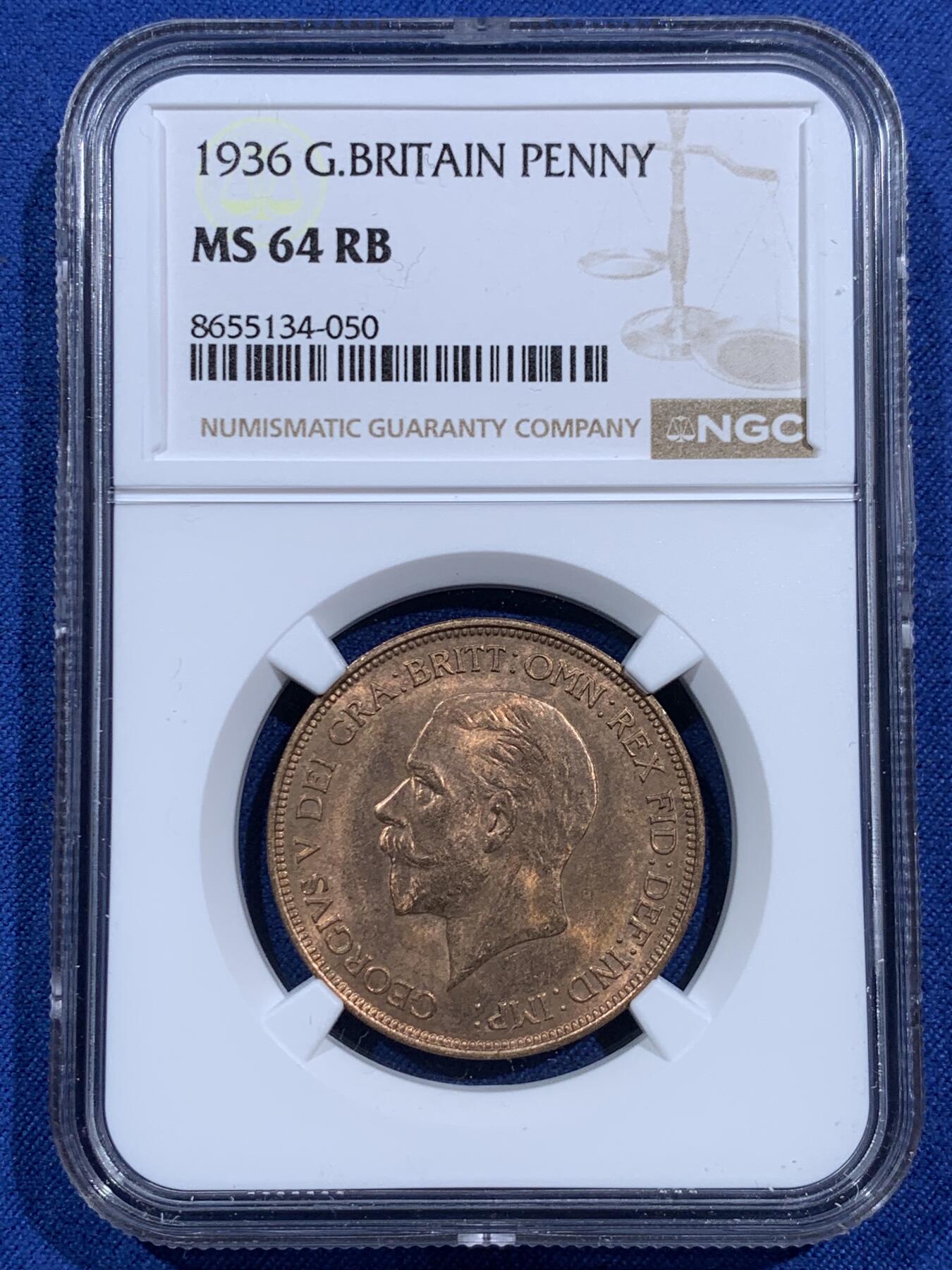 《竞宝斋》第473场 周日，周一 2场连拍 （全场包邮）欢迎送拍 NGC MS64RB 英国1936乔五1便士铜币 英系经典品种 背面为不列颠女神形象 细节光度都不错