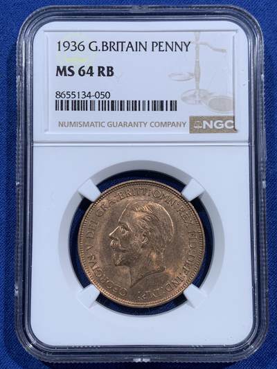 《竞宝斋》第473场 周日，周一 2场连拍 （全场包邮）欢迎送拍 - NGC MS64RB 英国1936乔五1便士铜币 英系经典品种 背面为不列颠女神形象 细节光度都不错