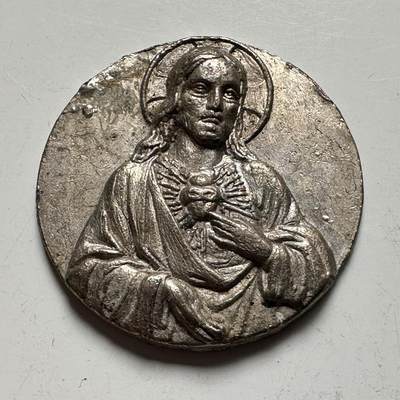 🌹外币初藏🌹🐯2026年第33场   每周二四六晚8️⃣点 接代拍 - 西班牙语 耶稣圣心像  高浮雕 镀银纪念章 25mm