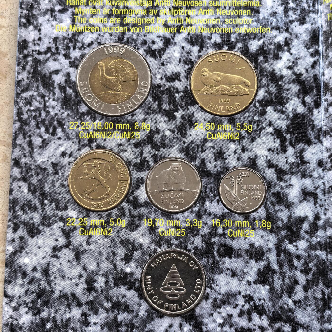 道一币馆币章第一百七十场 原包装 芬兰1999年加入欧元区纪念套币五枚+纪念章