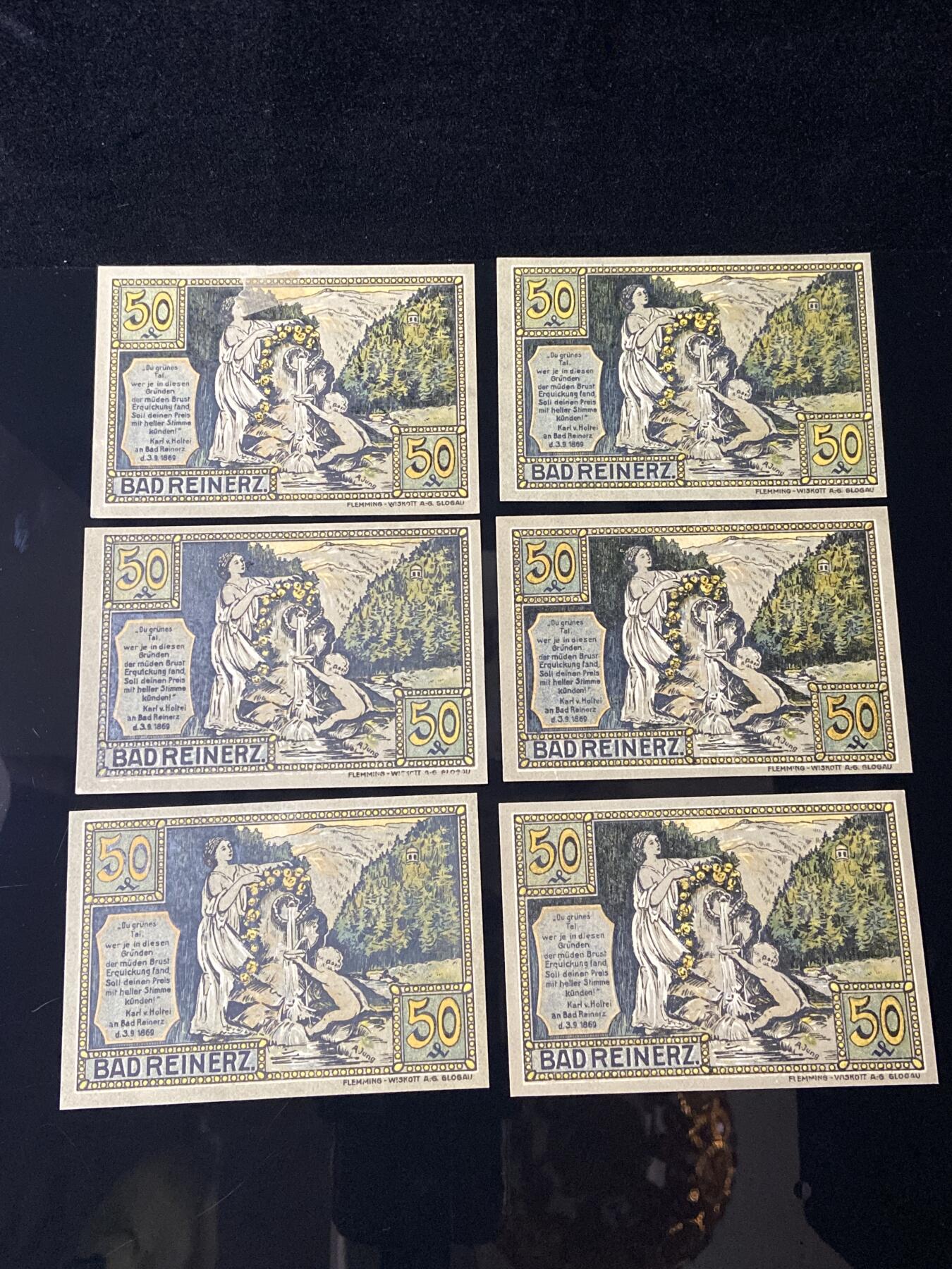 2026年第三十七场(总第二百零六场）德紧纸币特拍场(佣金3%，最低1元) 德紧纸币–德国西里西亚省巴德莱纳茨温泉镇（Bad Reinerz，今波兰杜什尼基-兹德鲁伊Duszniki-Zdrój）50芬妮六枚套票