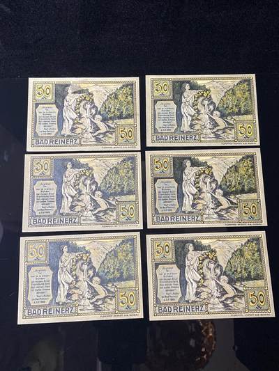 2026年第三十七场(总第二百零六场）德紧纸币特拍场(佣金3%，最低1元) - 德紧纸币–德国西里西亚省巴德莱纳茨温泉镇（Bad Reinerz，今波兰杜什尼基-兹德鲁伊Duszniki-Zdrój）50芬妮六枚套票