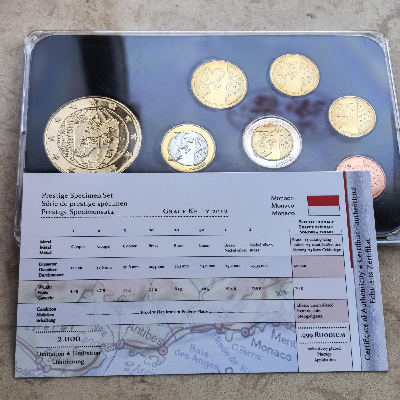 道一币馆币章第一百七十场 带证书 摩纳哥2012年欧元样币八枚+镀金纪念章