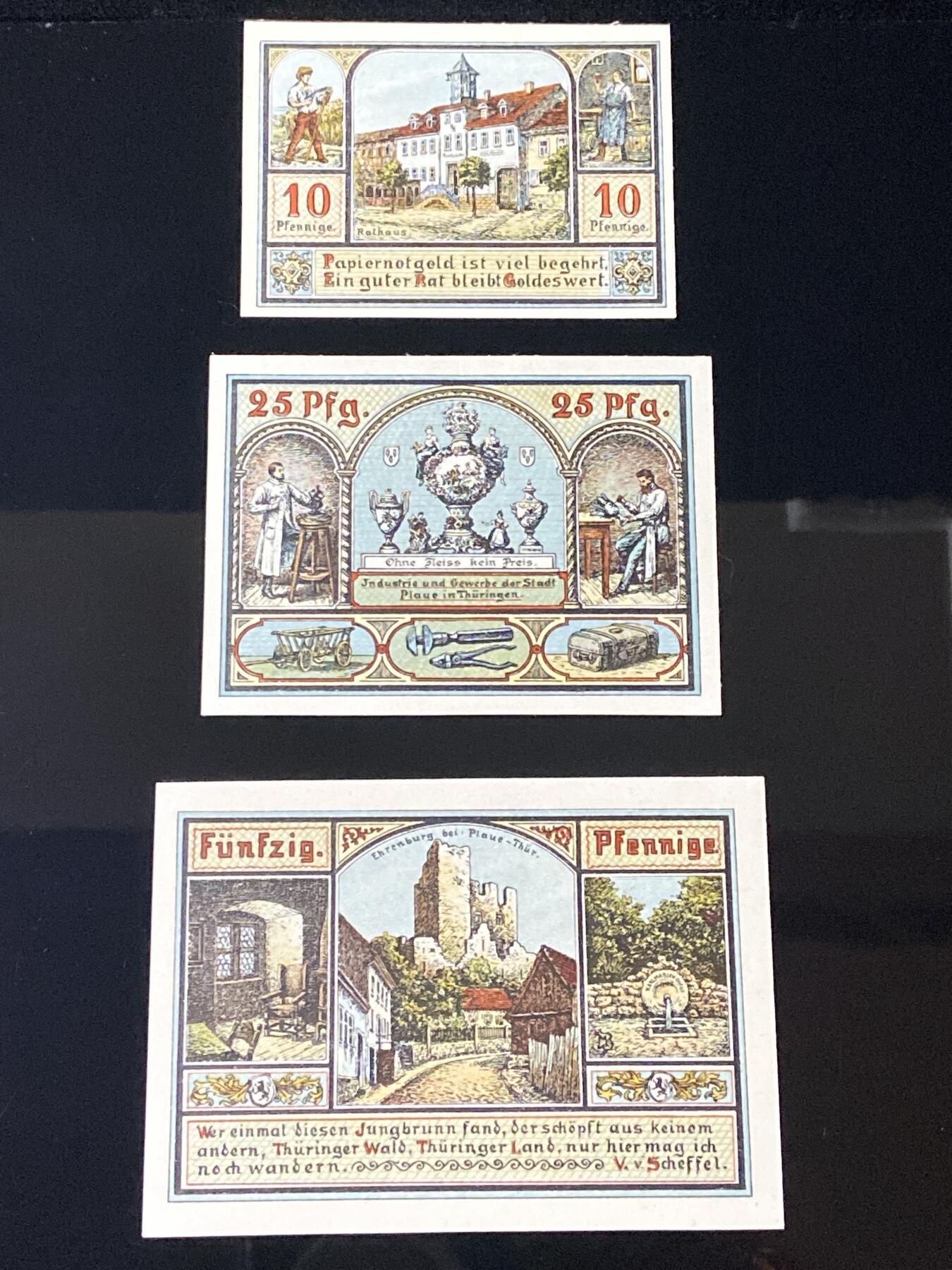 2026年第三十七场(总第二百零六场）德紧纸币特拍场(佣金3%，最低1元) 德紧纸币–德国图林根州普劳厄市（Stadt Plau i.Thür.，标注  Plau-Thür. ）10、25、50芬妮三枚套票