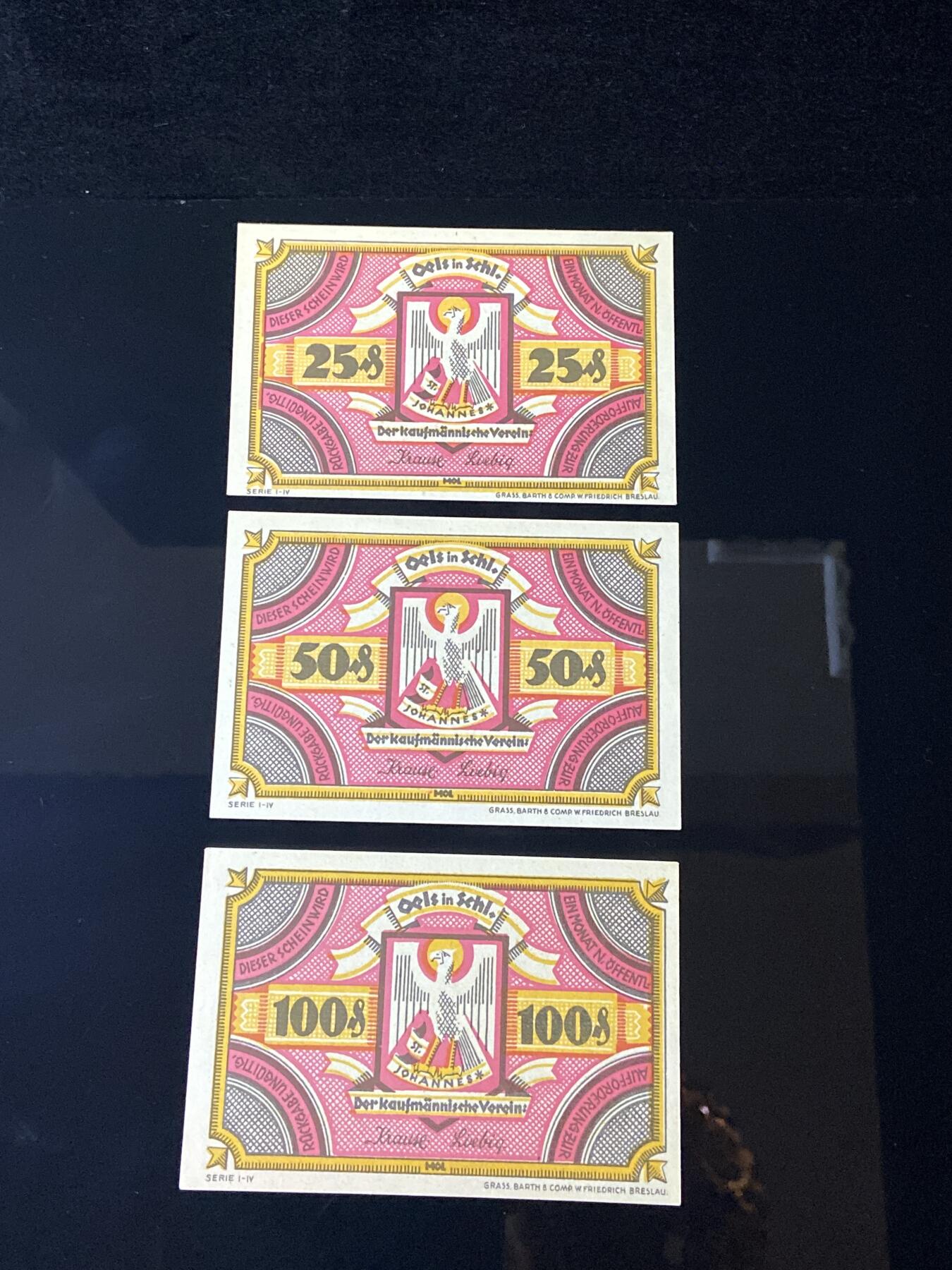 2026年第三十七场(总第二百零六场）德紧纸币特拍场(佣金3%，最低1元) 德紧纸币–德国上西里西亚奥尔斯市（Stadt Oels in Schlesien，今波兰奥莱希尼察 Oleśnica）25、50、100芬妮三枚套票