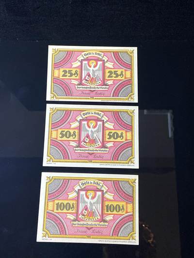 2026年第三十七场(总第二百零六场）德紧纸币特拍场(佣金3%，最低1元) - 德紧纸币–德国上西里西亚奥尔斯市（Stadt Oels in Schlesien，今波兰奥莱希尼察 Oleśnica）25、50、100芬妮三枚套票