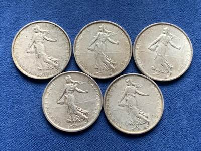 《竞宝斋》第473场 周日，周一 2场连拍 （全场包邮）欢迎送拍 - 五枚一组 法国播种女神5法郎银币 总重约60克