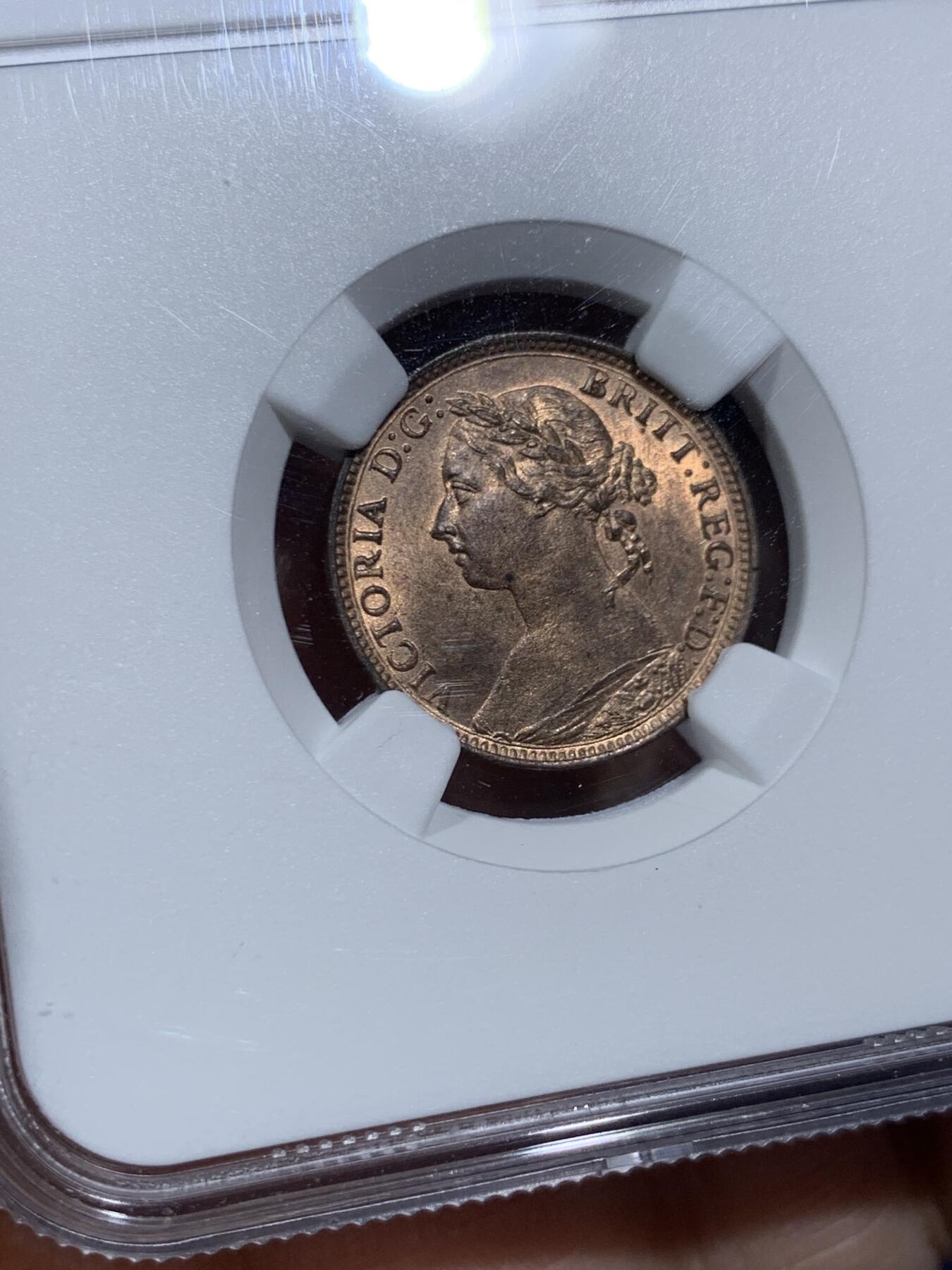 《竞宝斋》第473场 周日，周一 2场连拍 （全场包邮）欢迎送拍 NGC MS64RB 英国1891年 维多利亚1法新(1/4便士)铜币 铜光犹在 少见高分 同品类NGC更高评分仅3枚