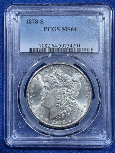 《竞宝斋》第473场 周日，周一 2场连拍 （全场包邮）欢迎送拍 - PCGS MS64 美国 1878 S 摩根银币 稀有首年摩根 铸打精美 车轮光 银霜闪耀