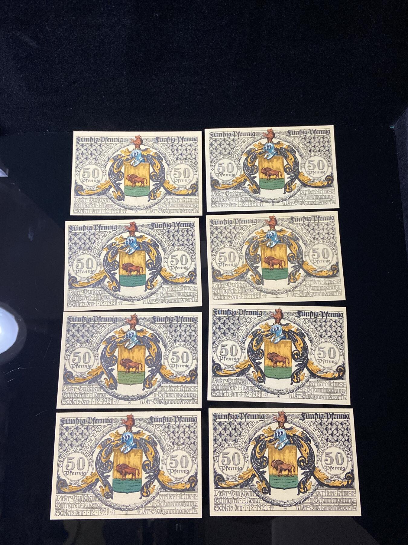 2026年第三十七场(总第二百零六场）德紧纸币特拍场(佣金3%，最低1元) 德紧纸币–德国萨克森州施科伊迪茨市（Schkeuditz，纸币底部标注 Schkeuditz ）50芬妮八枚套票