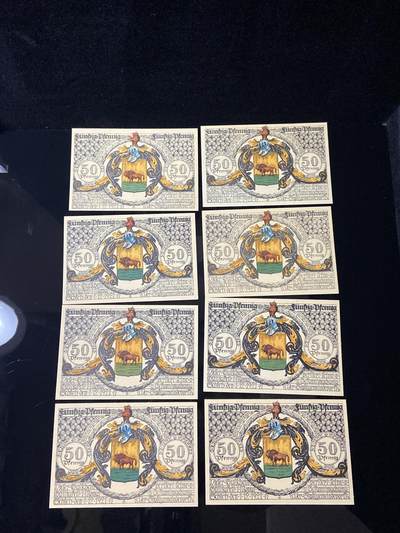 2026年第三十七场(总第二百零六场）德紧纸币特拍场(佣金3%，最低1元) - 德紧纸币–德国萨克森州施科伊迪茨市（Schkeuditz，纸币底部标注 Schkeuditz ）50芬妮八枚套票