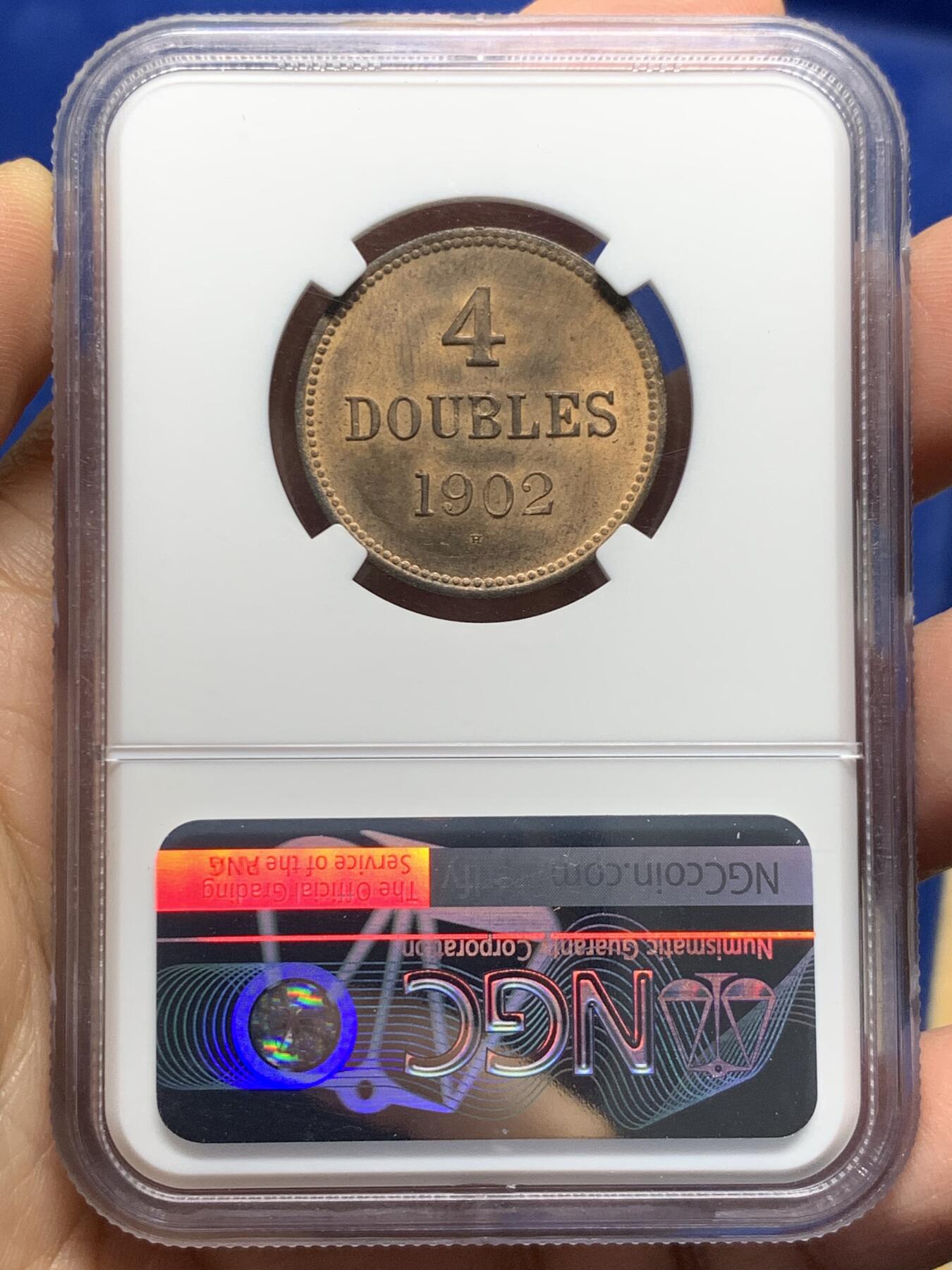 《竞宝斋》第473场 周日，周一 2场连拍 （全场包邮）欢迎送拍 NGC MS64RB 红铜光高分 1902年英属根西岛4D 盾徽上狮子脸清晰 非常讨喜的英国海外领土品种