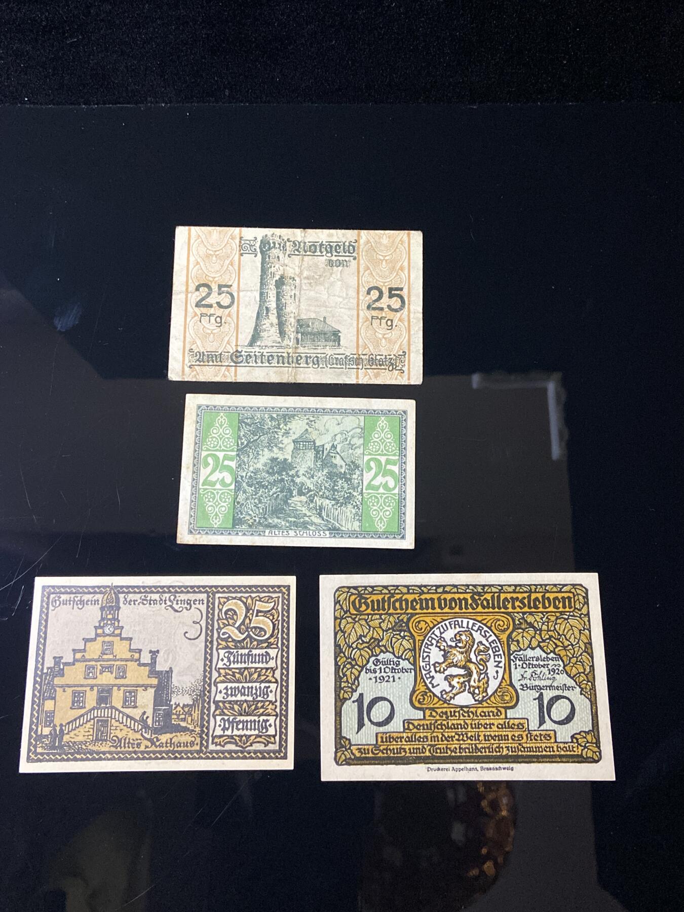 2026年第三十七场(总第二百零六场）德紧纸币特拍场(佣金3%，最低1元) 上1 赛伦贝格（Seilenberg）25芬妮 ;   上2  杜本（Duben）25芬妮 ;   下1 25芬尼 林根（Lingen） 25芬妮（双狮守护纹章）;    下2  法勒斯莱本（Vallersleben）10芬妮 法勒斯莱本纪念碑/名人主题;