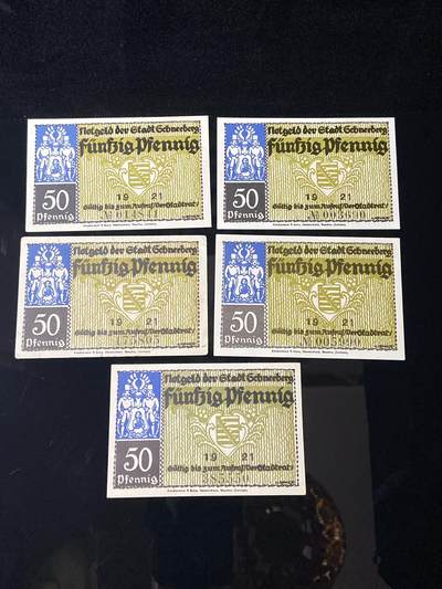 2026年第三十七场(总第二百零六场）德紧纸币特拍场(佣金3%，最低1元) - 德紧纸币–德国萨克森州施内贝格市（Stadt Schneeberg）50芬妮五枚套票