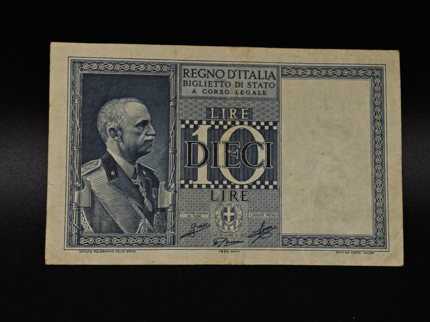  【淘币小摊】限时拍第八百八十四拍   纸币场    每周一统一发货 意大利1939年10里拉纸币【有折】